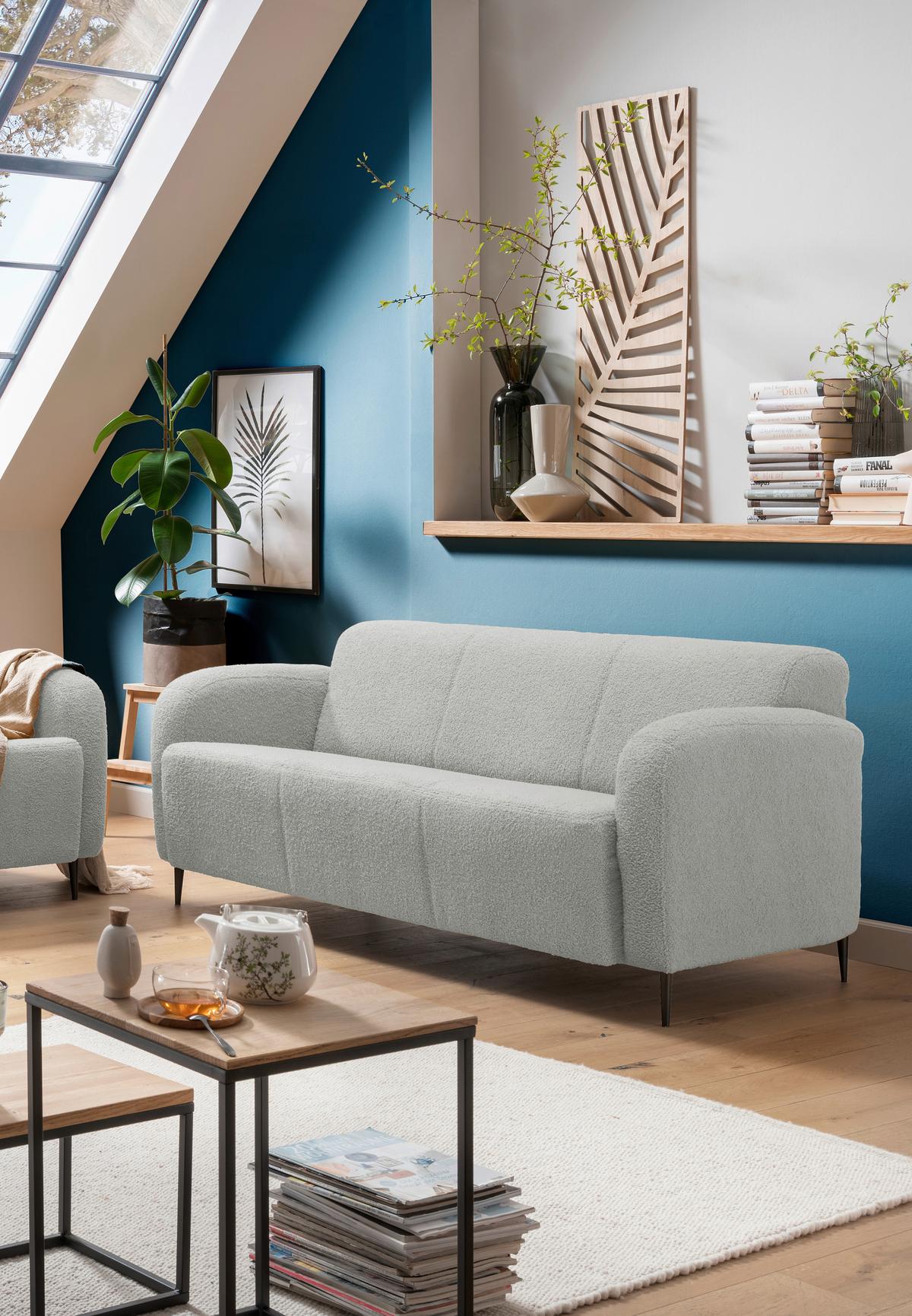 3-Sitzer-Sofa Marone Hellgrau Teddystoff - Hellgrau/Schwarz, MODERN, Textil/Metall (180/76/90cm) - Livetastic