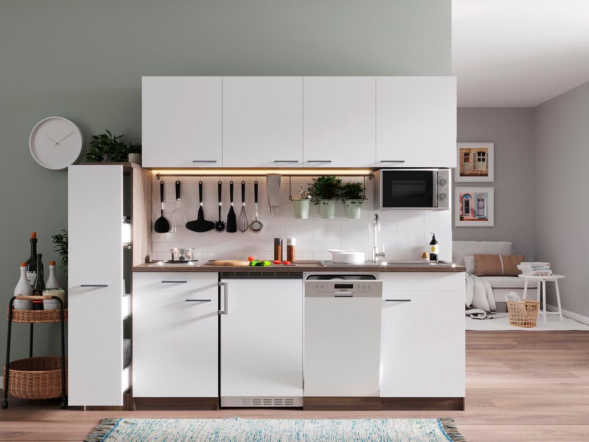 Küchenblock Oliver mit Geräten ca. 225 cm Weiß - Eichefarben/Alufarben, Basics, Holzwerkstoff/Kunststoff (225cm) - Respekta
