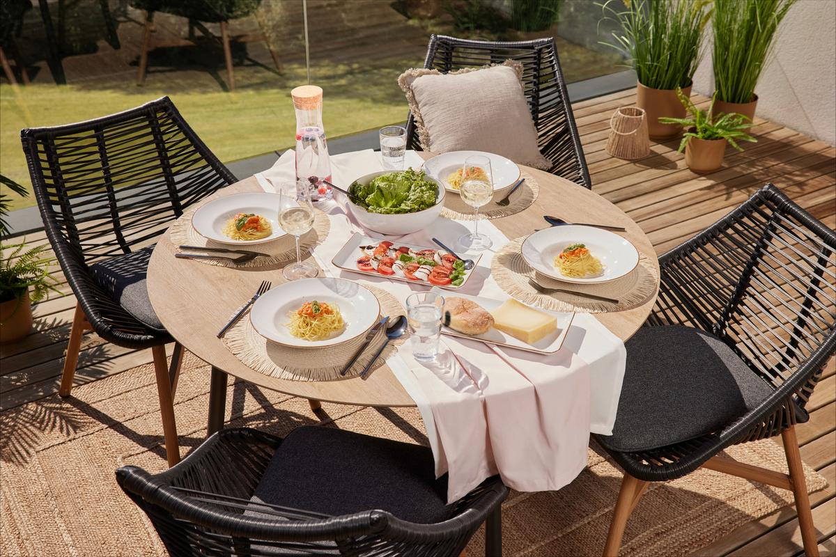 Gartentischgruppe Carmello Schwarz/Teakfarben - Anthrazit/Schwarz, Modern, Kunststoff/Textil - Mömax