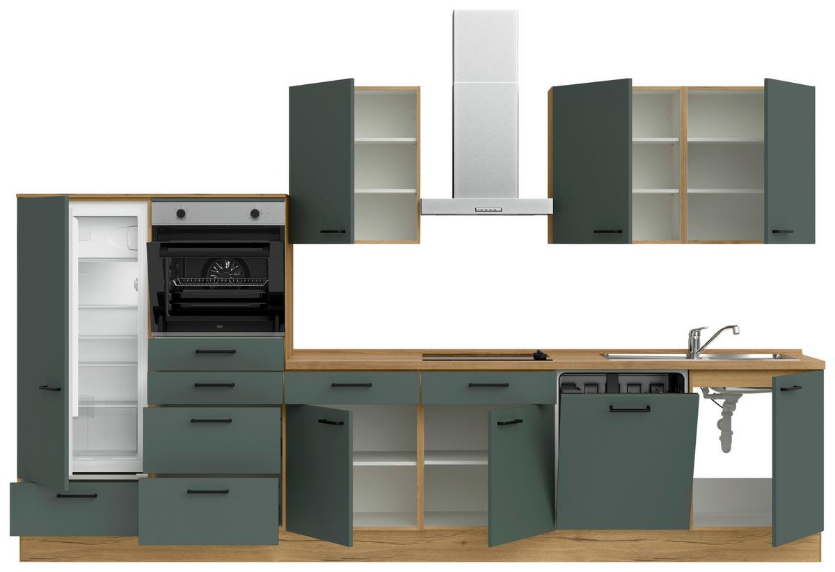 Küchenblock Easytouch m. Geräten Dunkelgrün - Dunkelgrün/Eichefarben, MODERN, Holzwerkstoff/Metall (360cm) - Nobilia