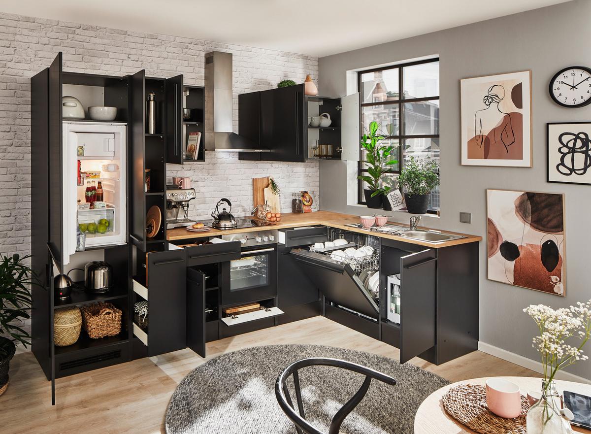 Eckküche Jazz mit Geräten ca.310x175cm Schwarz - Eichefarben/Schwarz, LIFESTYLE, Holzwerkstoff/Kunststoff (310/175/60cm) - P & B