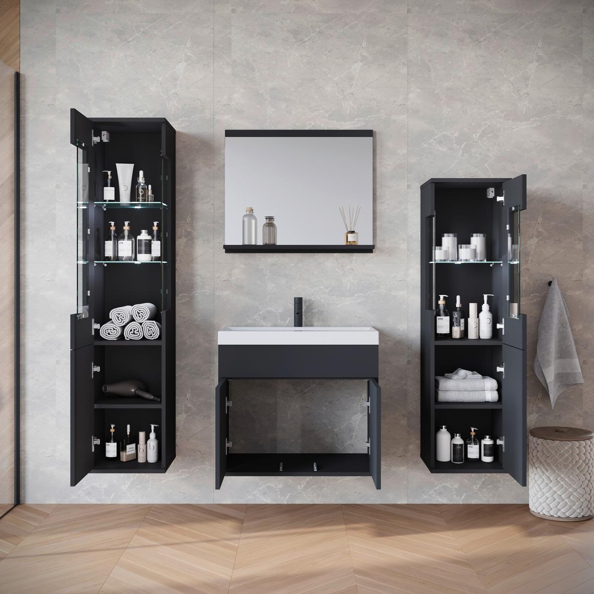 Badezimmer-Set Narobi 5-tlg. mit LED ca. 120 cm Schwarz - Schwarz/Weiß, Trend, Glas/Keramik (120,4cm) - P & B