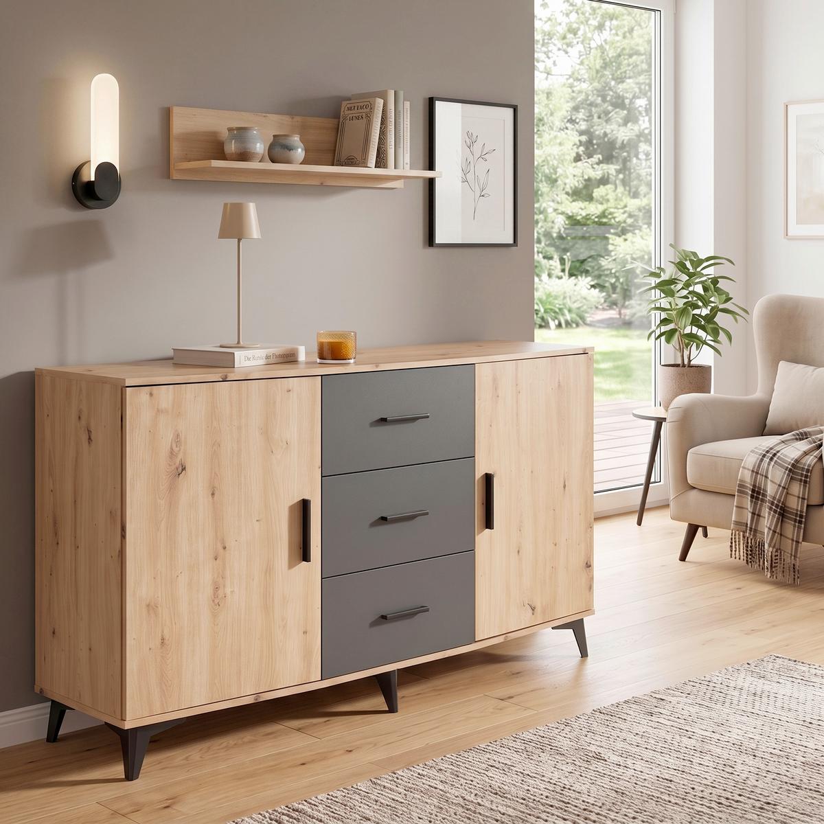 Comodă Ivona - stejar Artisan/antracit, Trend, material pe bază de lemn (160/90/45cm) - Modern Living