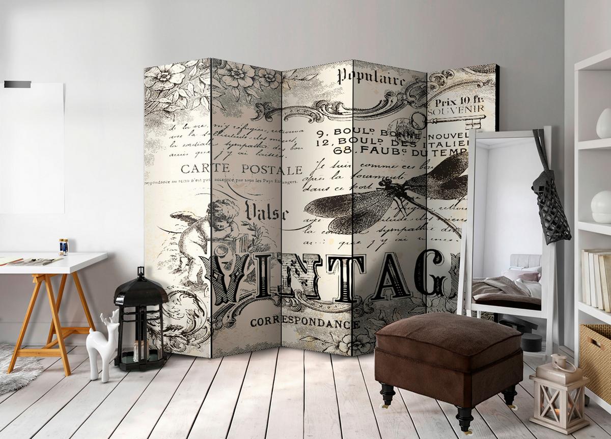 Paravan Vintage I, 5-Delni, Dvostranski - siva/krem barve, Basics, tekstil/les (225/172/3cm) - artgeist