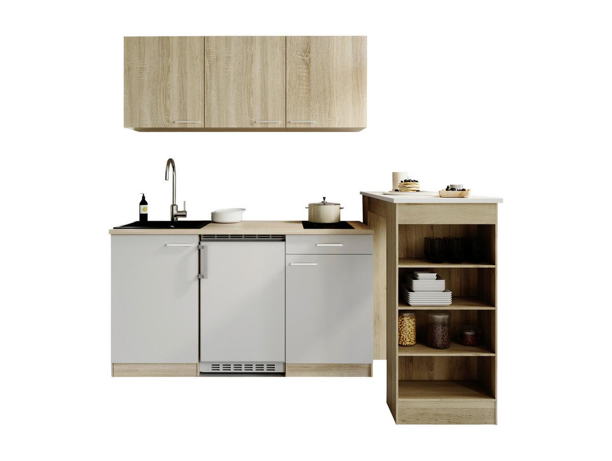 Miniküche Ingrid m. Geräten ca. 150cm Weiß - Eichefarben/Alufarben, Design, Holzwerkstoff/Kunststoff (150cm) - Respekta