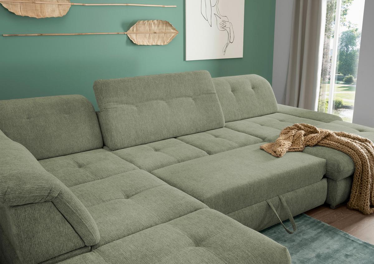 Wohnlandschaft Dalida Grün Chenille - Chromfarben/Grün, Design, Textil/Metall (254/376/195cm) - Livetastic