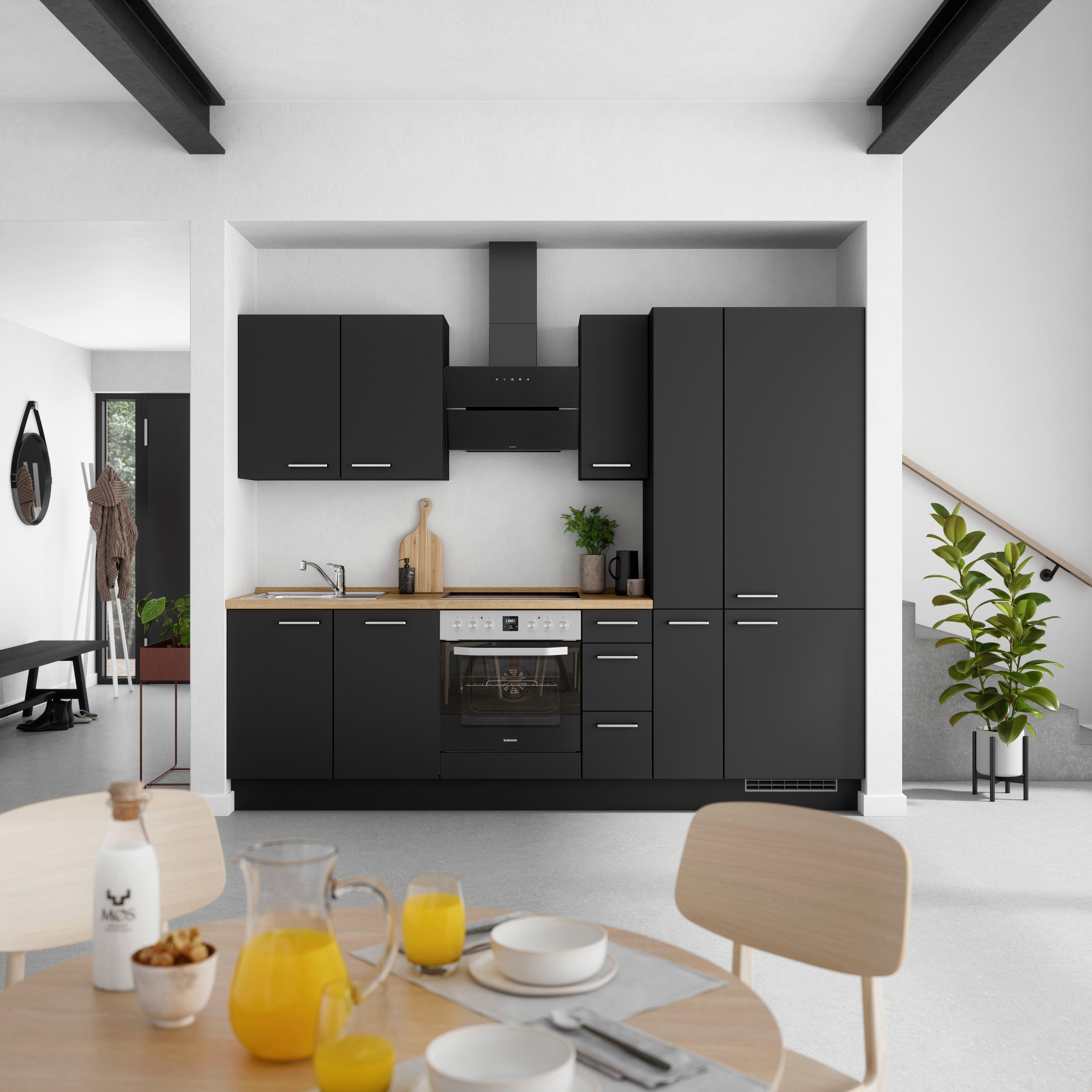 Küchenblock Touch High m. Geräten Schwarz - Edelstahlfarben/Eichefarben, MODERN, Holzwerkstoff/Metall (270cm) - Nobilia