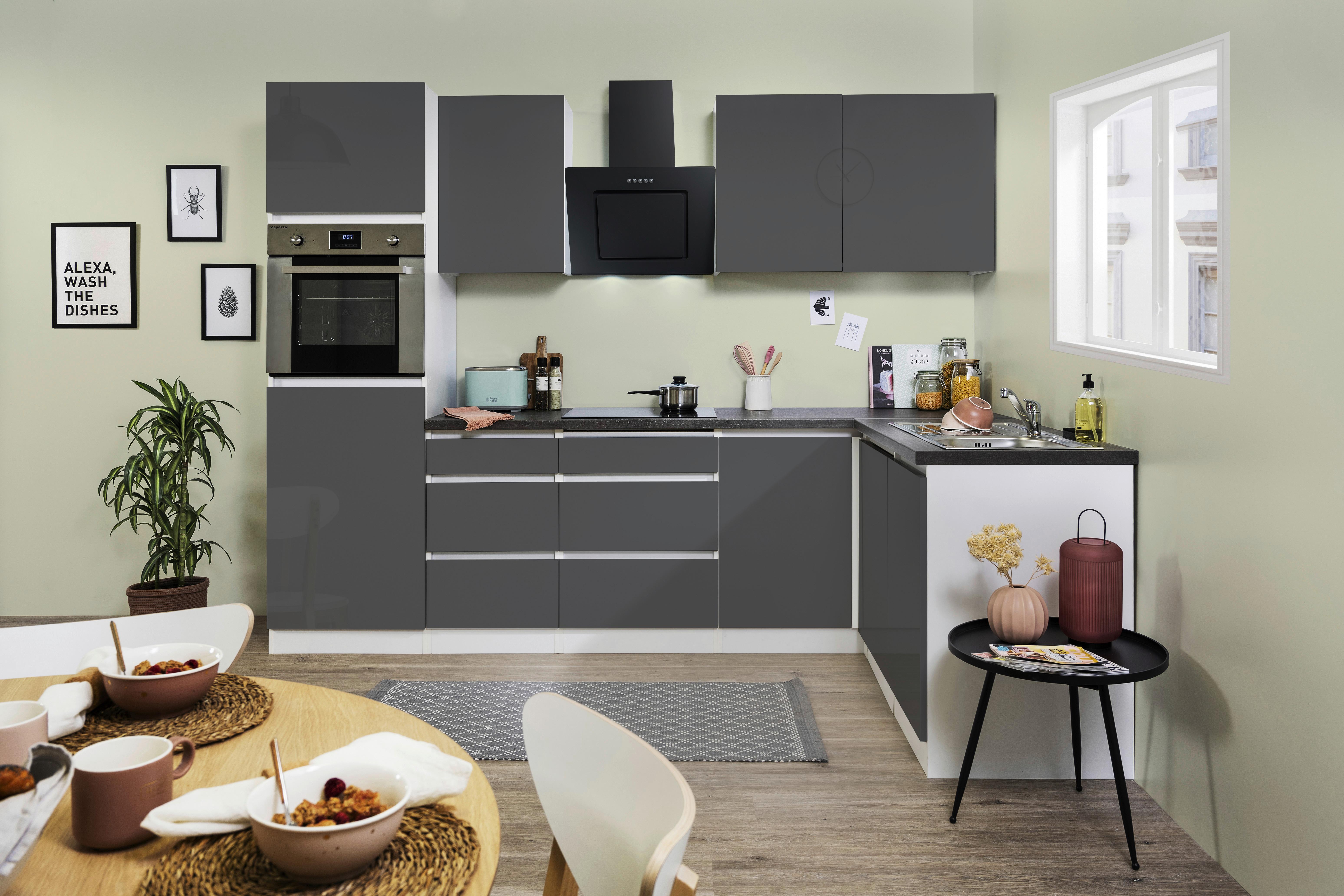 Eckküche Premium Grau Hochglanz ca. 280x172 cm - Grau Hochglanz/Weiß, MODERN, Holzwerkstoff (280/172cm) - Respekta
