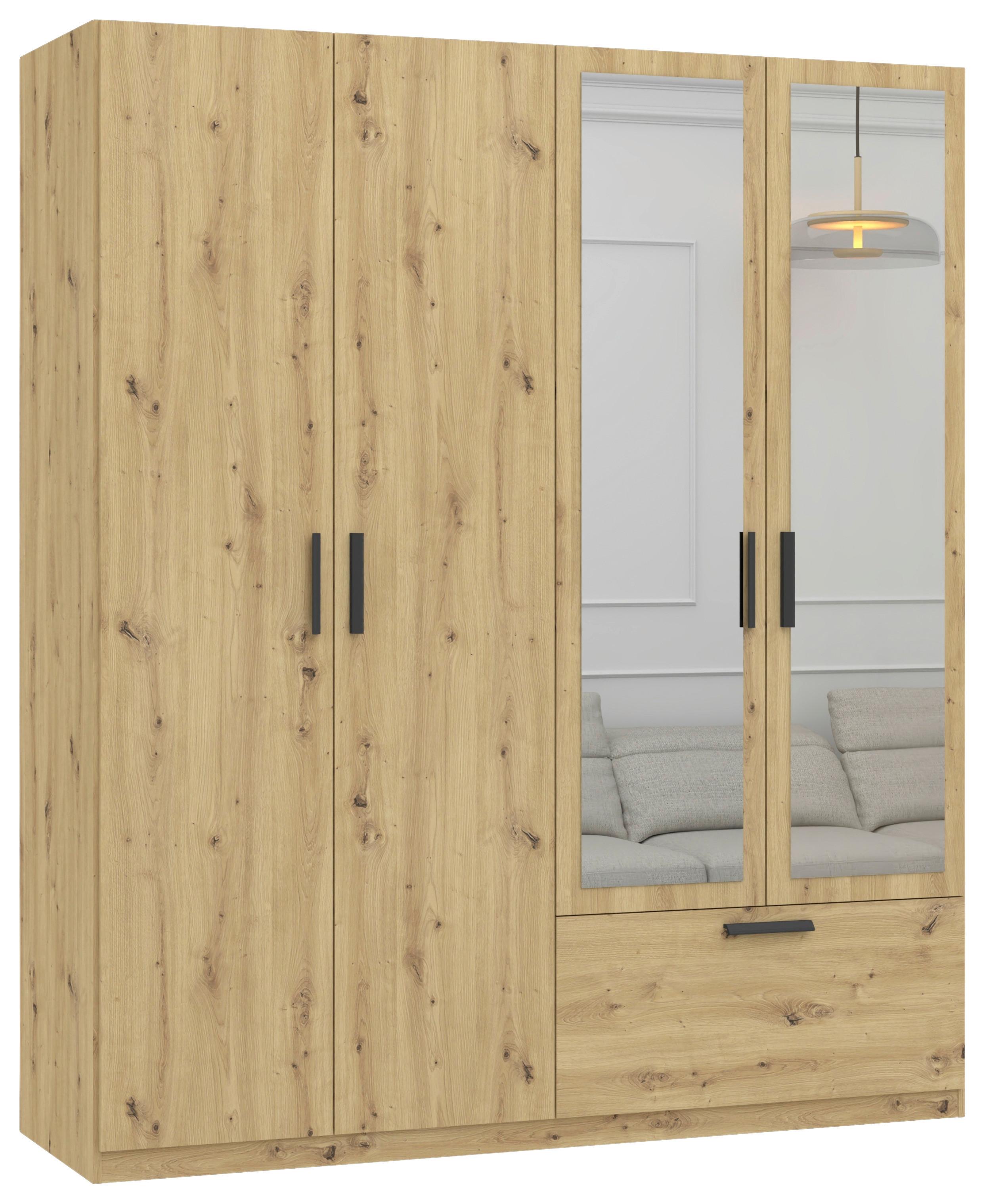 GARDEROB MED GÅNGJÄRNSDÖRRAR MILOS 4T1S2S - ek Artisan/svart, Modern, trämaterial/glas (180/210/54cm) - Mömax