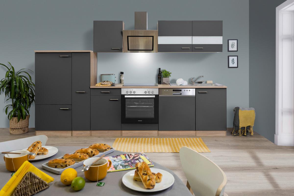 Küchenblock Malia mit Geräten ca. 310 cm Grau - Edelstahlfarben/Eichefarben, Basics, Holzwerkstoff/Metall (310cm) - Respekta