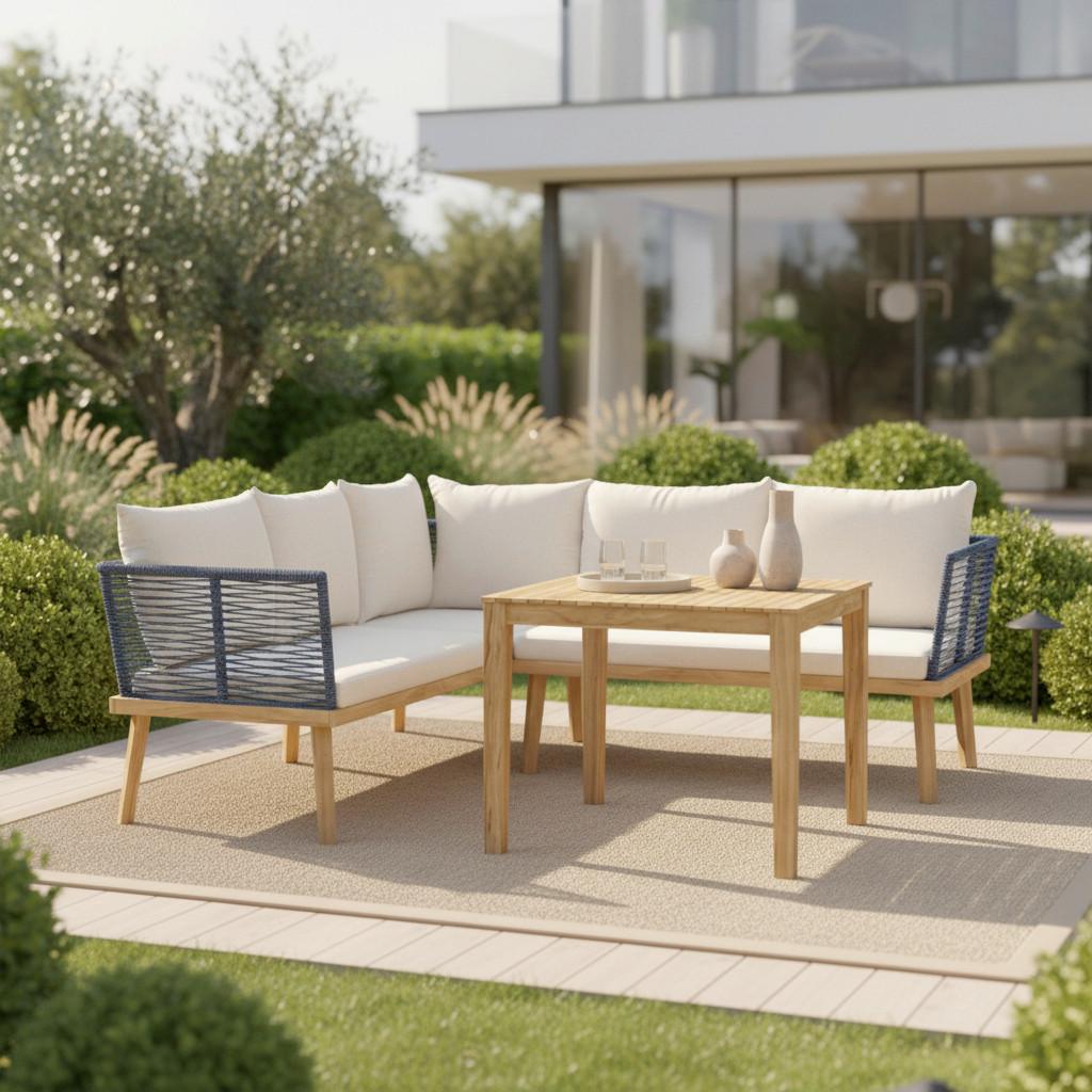 Dining-Loungeset Julina Creme Outdoorstoff/Metall - Creme/Akaziefarben, MODERN, Holz/Textil (205/76/72cm) - Bessagi Garden