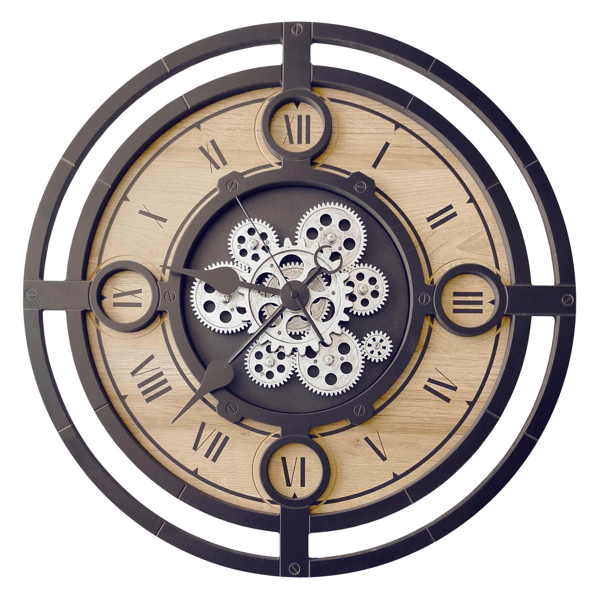 Wanduhr Max Schwarz/Eiche Ø ca. 57cm - Eichefarben/Silberfarben, Basics, Holz/Kunststoff (57cm)