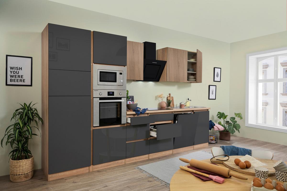 Küchenzeile Premium m. Geräte Grau/Eiche B: ca. 345 cm - Eichefarben/Grau, Basics, Holzwerkstoff (345cm) - Respekta