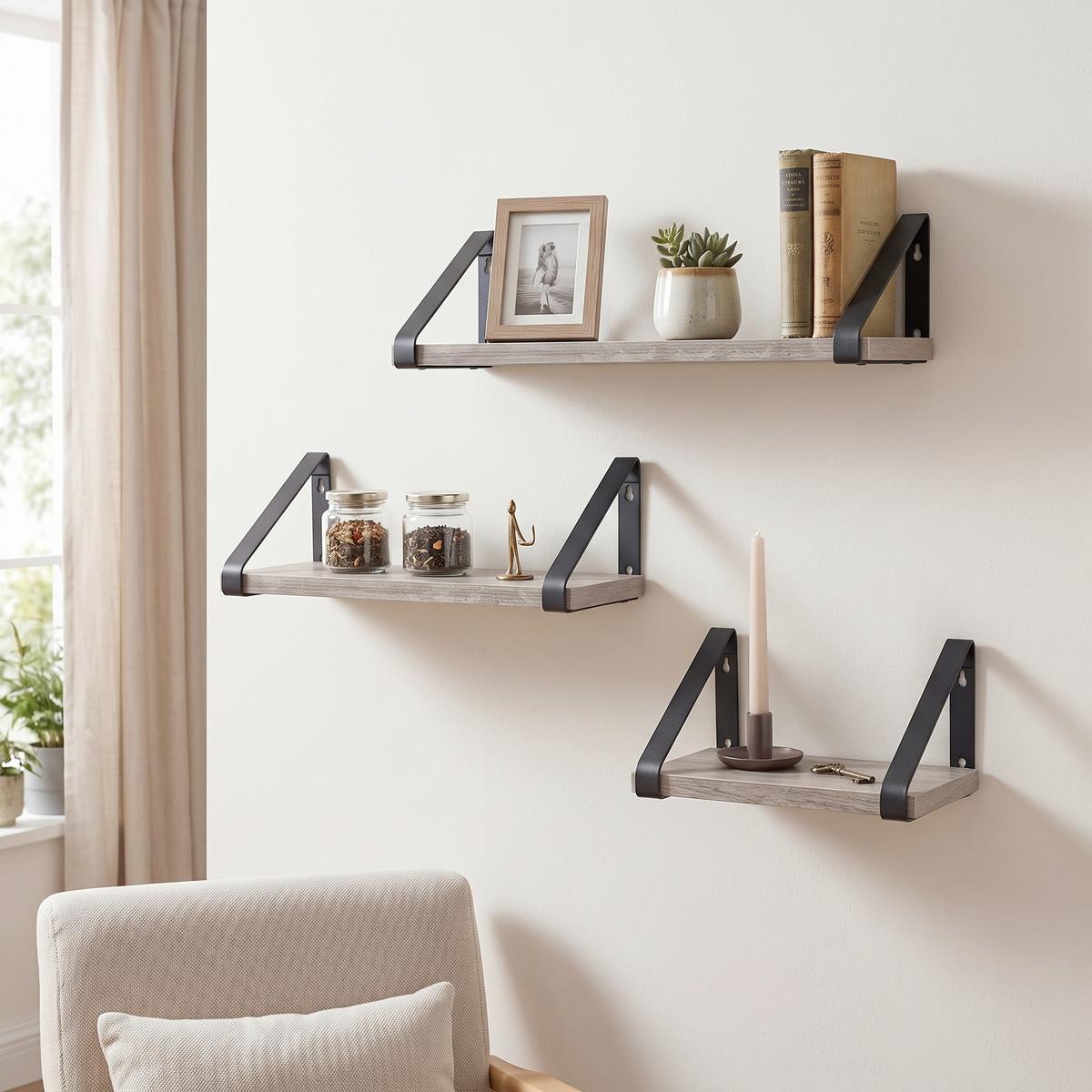 WANDREGALSET WALL SHELF SET - Greige/Schwarz, MODERN, Holzwerkstoff/Metall (40/11/12cm) - MID.YOU