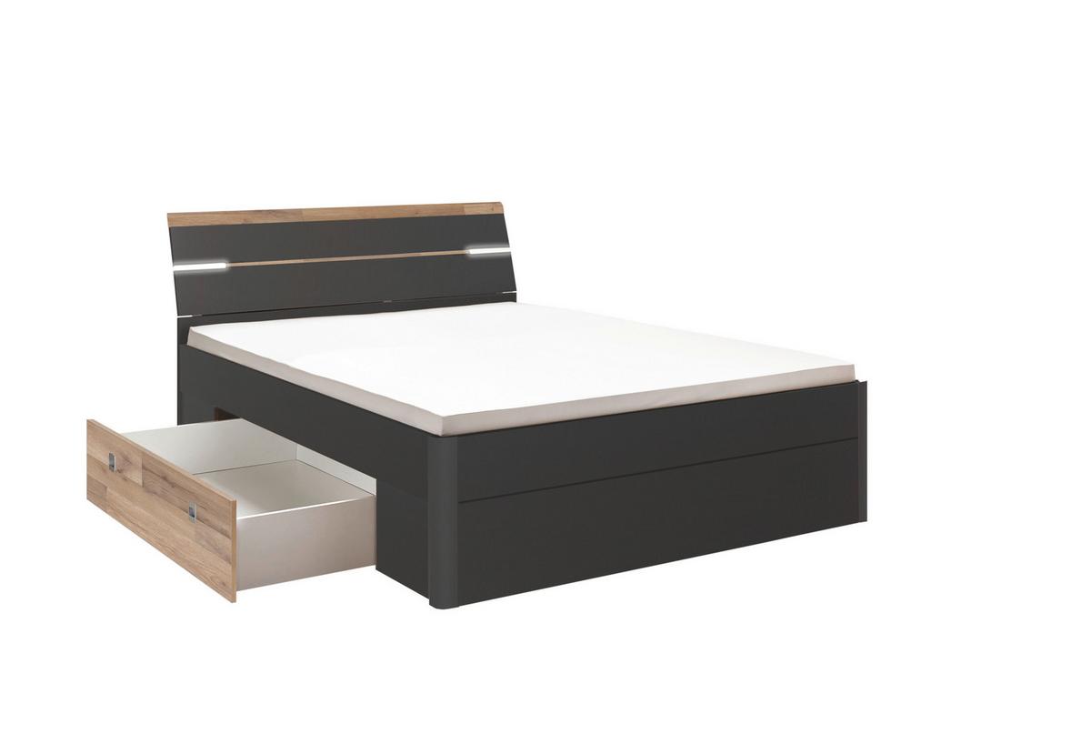 Postelja Mars, S Predali, 160x200 - črna/barve hrasta, Konvencionalno, umetna masa/leseni material (160/200cm) - MID.YOU