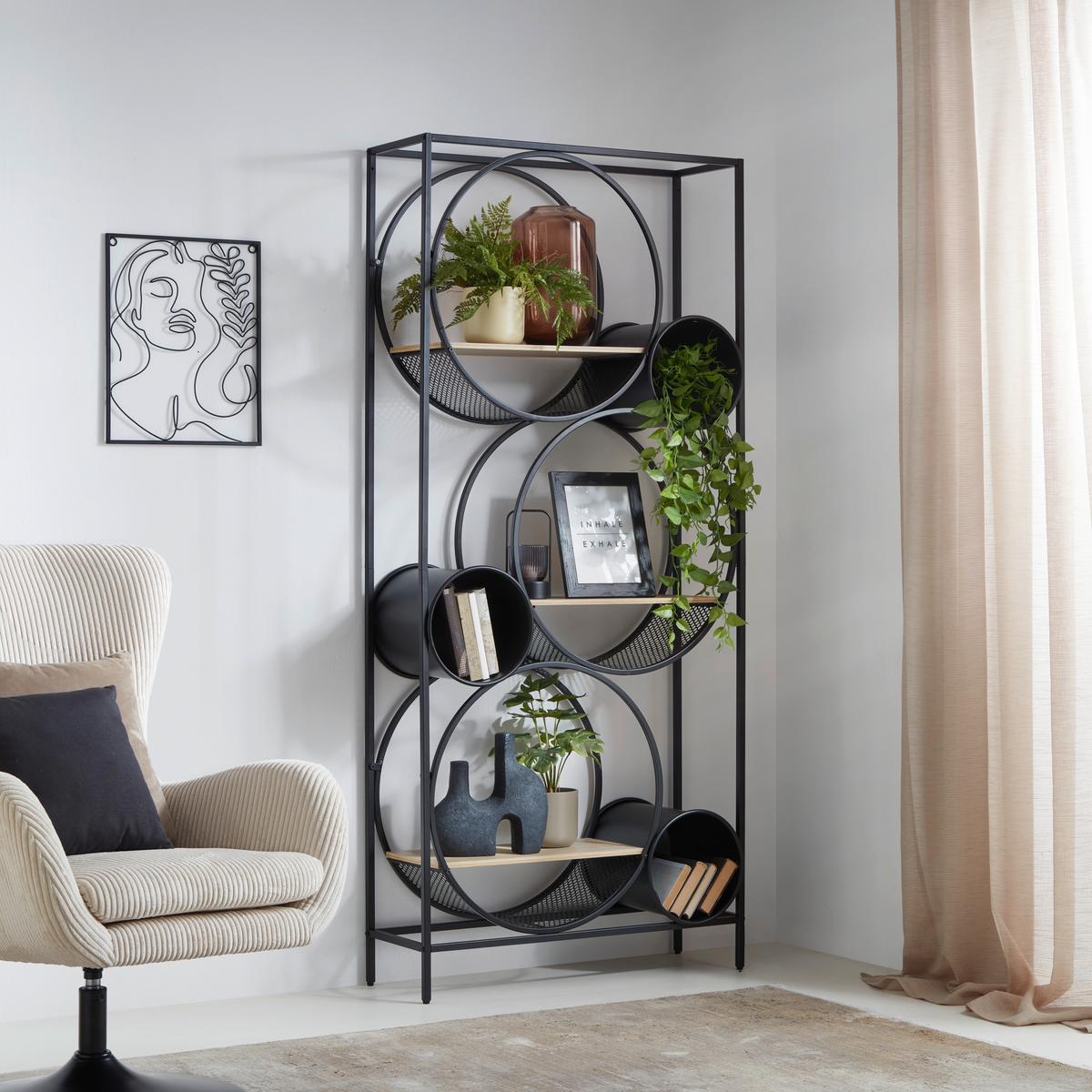 Regal Circle Naturfarben/Schwarz aus Metall - Schwarz/Naturfarben, MODERN, Holzwerkstoff/Metall (84/186/30cm) - Premium Living