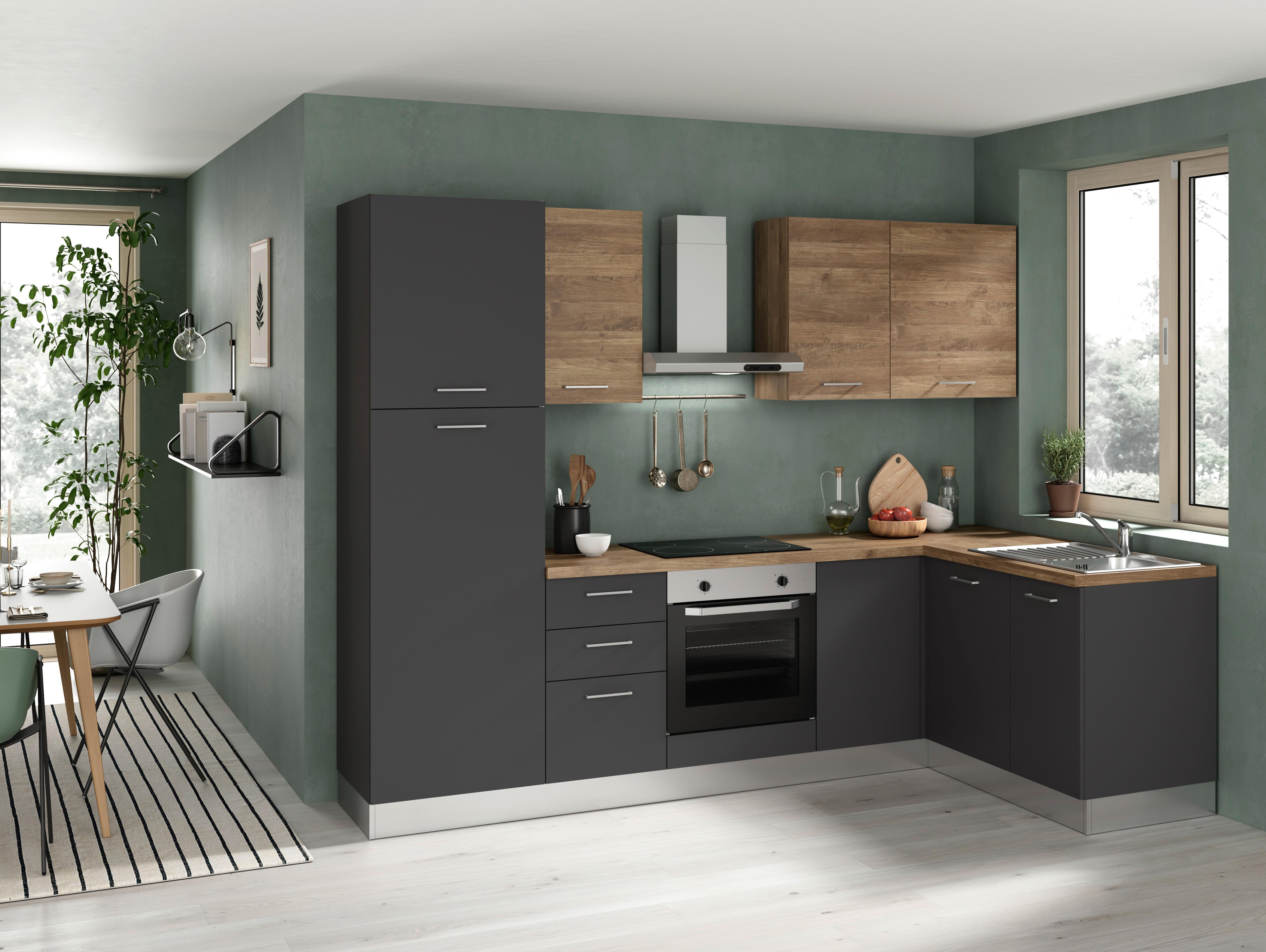 Eckküche Freia m. Geräte ca. 270x165cm Anthrazit - Walnussfarben/Alufarben, LIFESTYLE, Holzwerkstoff/Kunststoff (270/165cm) - MID.YOU