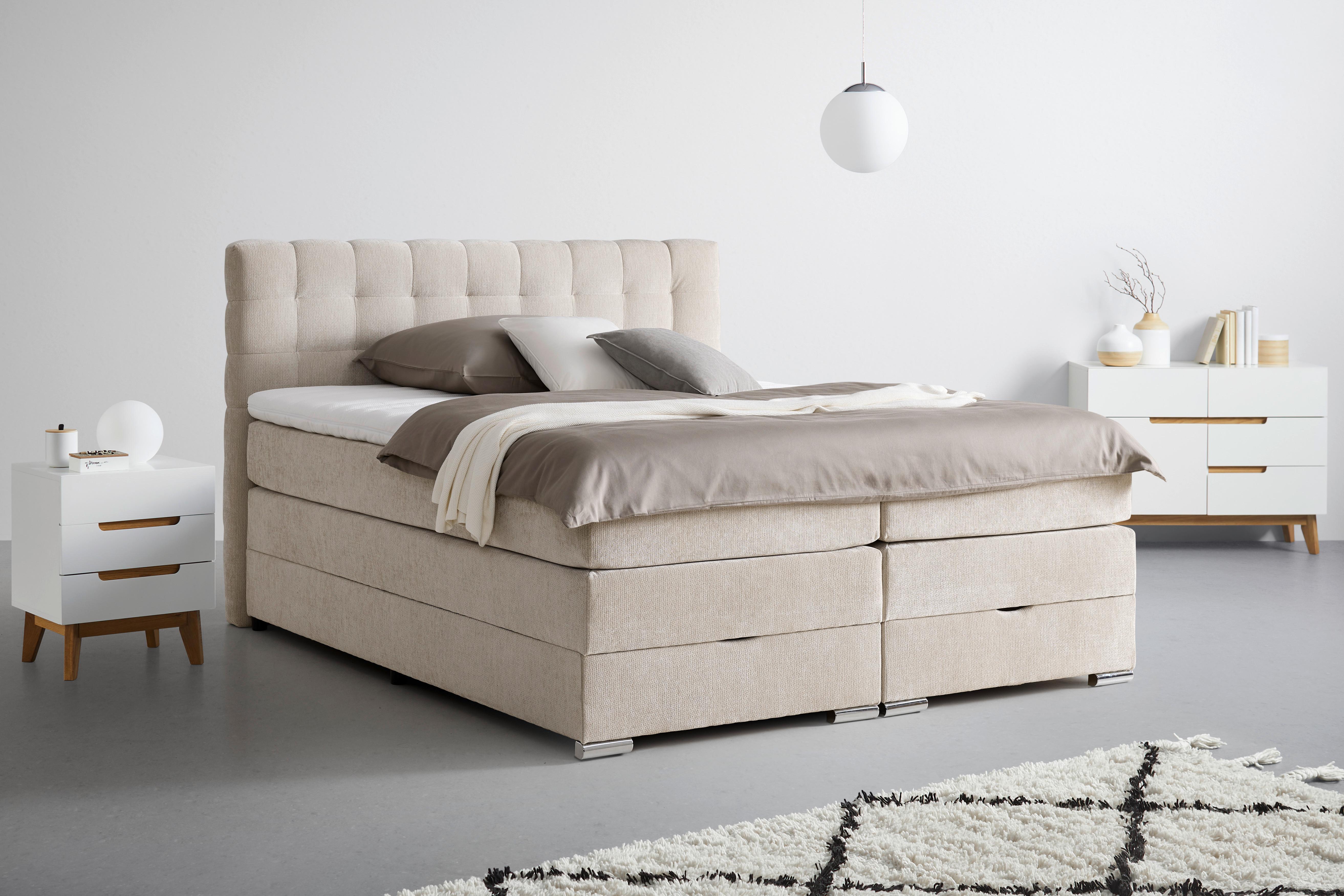 Boxspringbett London Creme ca. 160x200cm - Chromfarben/Creme, MODERN, Holz/Holzwerkstoff (160/200cm) - Premium Living
