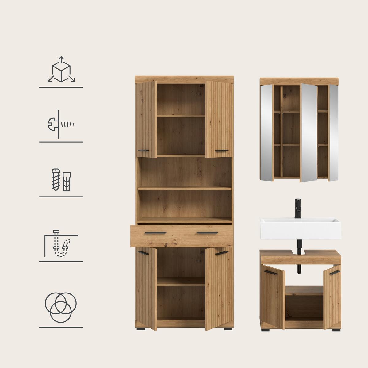 Badezimmer Scout Eiche Artisan 3-teilig - Schwarz/Eiche Artisan, Trend, Glas/Holzwerkstoff (134cm) - MID.YOU