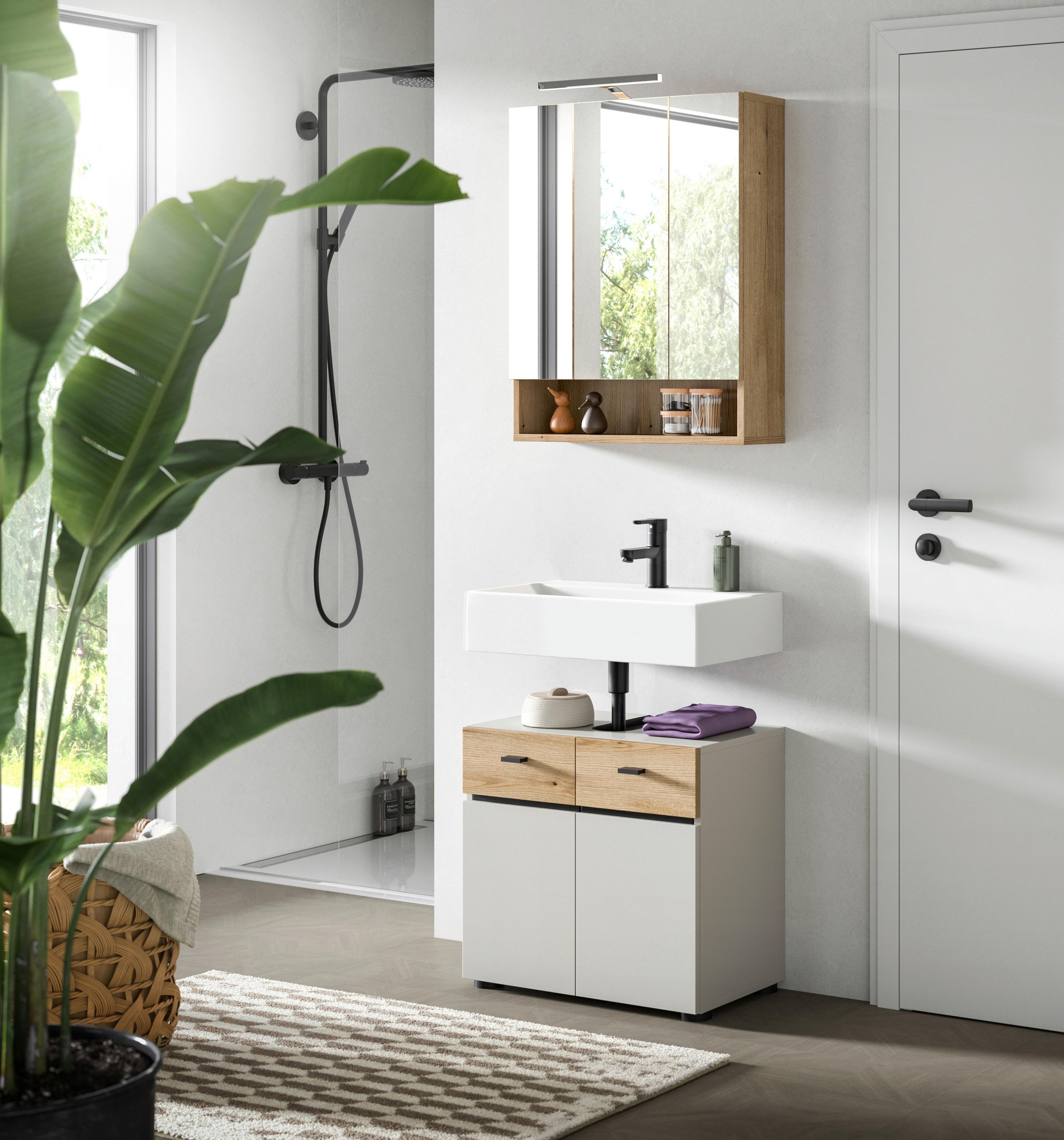 Badezimmer Aqua Eichefarben/Kaschmir 2-teilig - Kaschmir/Eichefarben, Trend, Glas/Holzwerkstoff (60cm) - MID.YOU