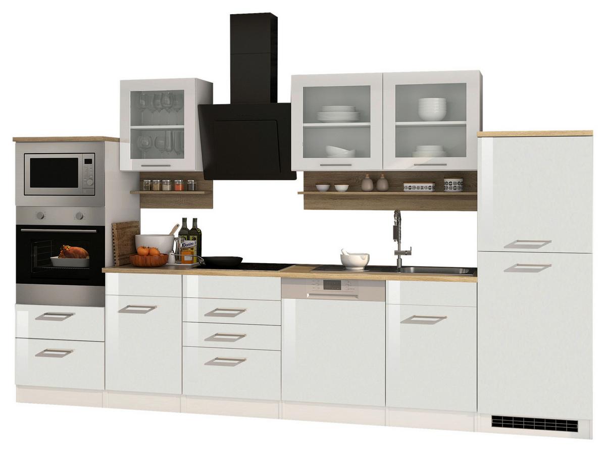 Küchenblock Mailand m. Geräten Weiß Hochglanz - Weiß Hochglanz/Silberfarben, MODERN, Glas/Holzwerkstoff (340cm) - Held