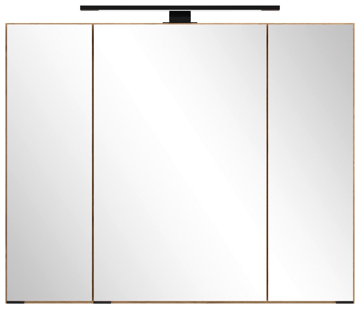 Spiegelschrank Chester mit LED 3-türig ca. 80x68 cm Eiche - Eiche Wotan/Schwarz, MODERN, Glas/Holzwerkstoff (80/67,5/20cm) - Held