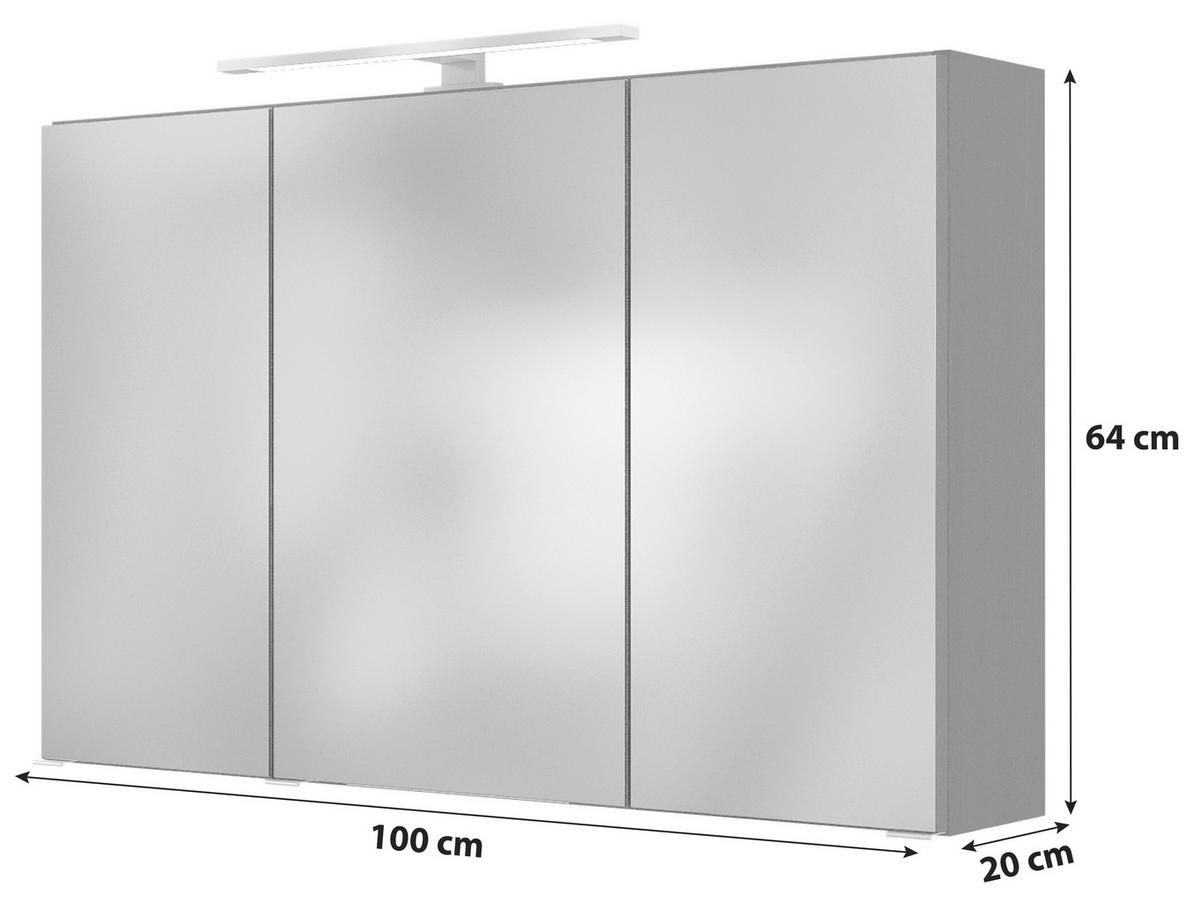 Spiegelschrank Arezzo mit LED 3-türig ca. 100x64 cm Grau - Alufarben, Basics, Glas/Holzwerkstoff (100/64/20cm) - Held
