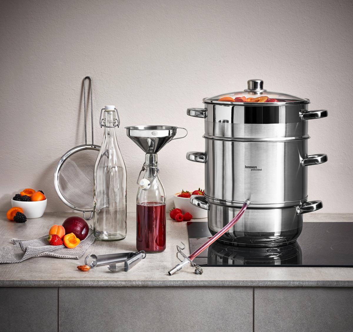 SOKOWIRÓWKA PAROWA BASIC COOKING - kolor stalowy/przezroczysty, Basics, metal/szkło (28cm) - Homeware Profession.