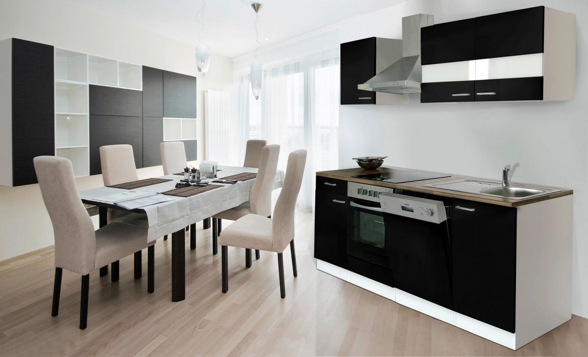 Küchenzeile Economy m. Geräten Schwarz/Nussbaum B: ca. 220 cm - Edelstahlfarben/Nussbaumfarben, Basics, Holzwerkstoff/Metall (220cm) - Respekta