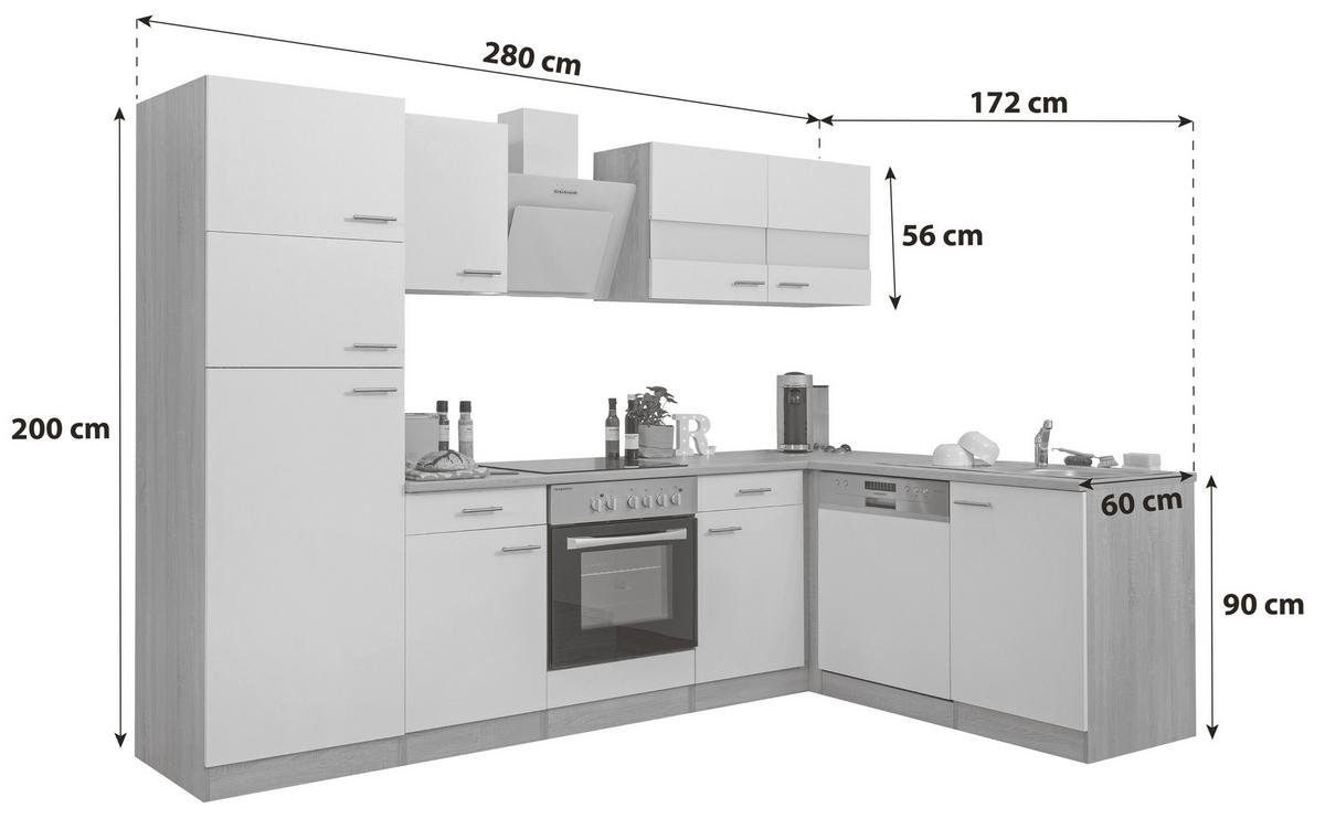 Eckküche Economy Weiß/ Eichefarben ca. 280x172 cm - Edelstahlfarben/Eichefarben, Basics, Holzwerkstoff/Metall (280/172cm) - Respekta