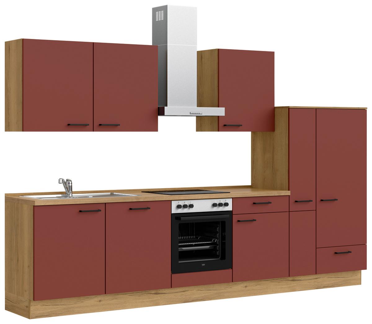 Küchenblock Easytouch Low m. Geräten Dunkelrot - Eichefarben/Schwarz, MODERN, Holzwerkstoff/Metall (330cm) - Nobilia
