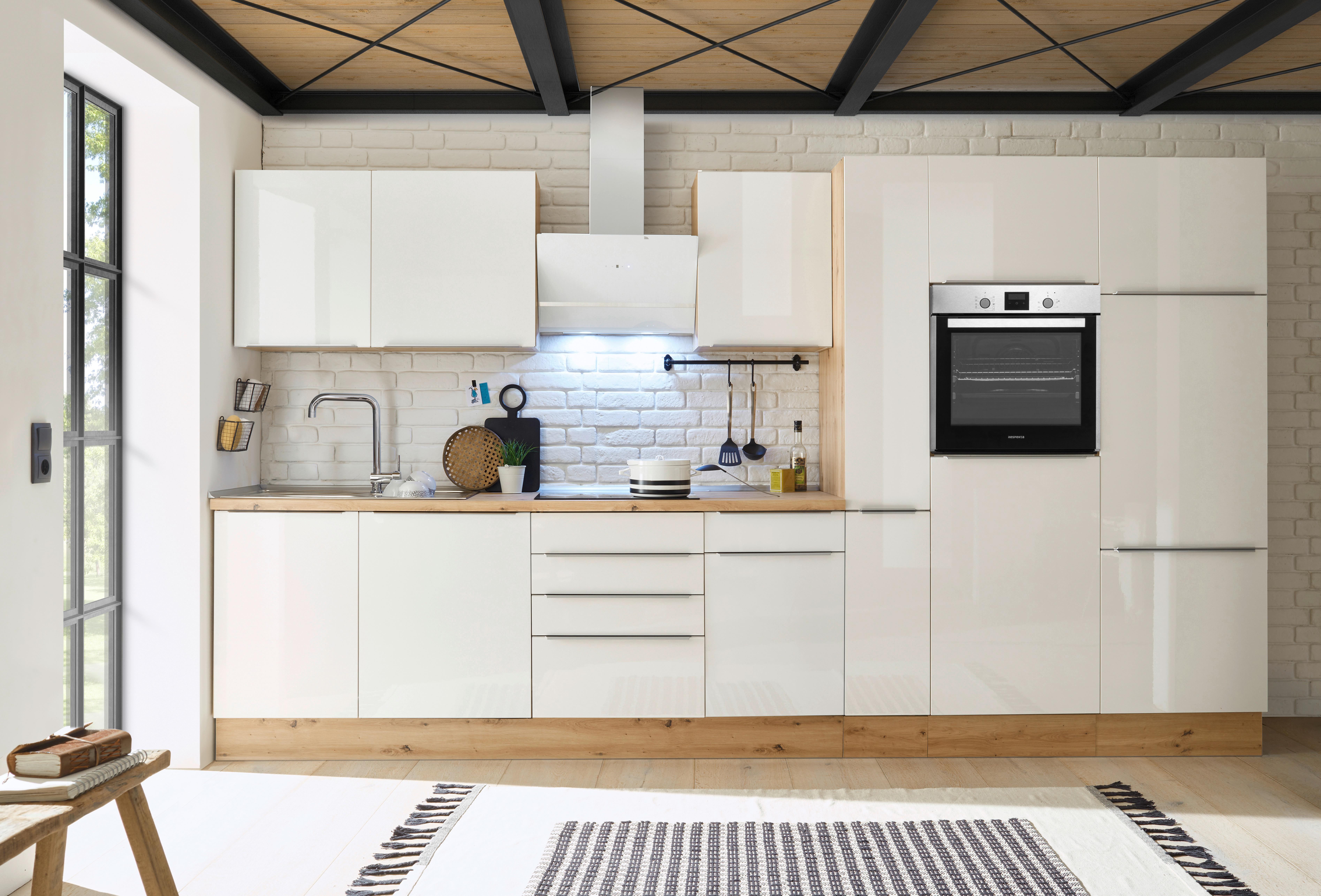 Küchenblock Marleen m. Geräten Weiß Hochglanz B: ca. 370cm - Weiß Hochglanz/Alufarben, LIFESTYLE, Holzwerkstoff/Kunststoff (370cm) - Respekta