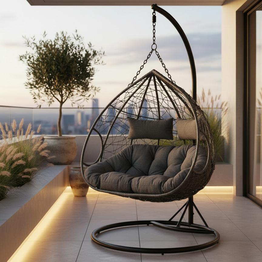 Hängesessel Enea Dunkelgrau Metall/Kunststoff/Outdoorstoff - Dunkelgrau/Schwarz, MODERN, Textil/Metall (133/205/120cm) - Bessagi Garden