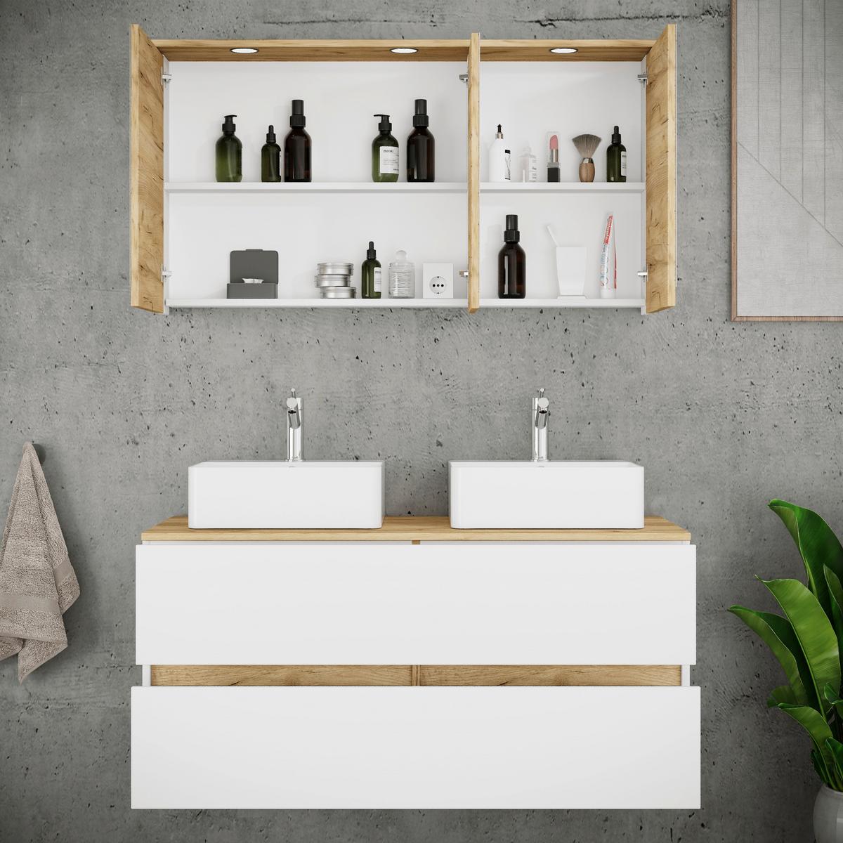 Badezimmer Cosila - Honigeiche/Weiss, Trend, Keramik/Holzwerkstoff (111cm) - MID.YOU