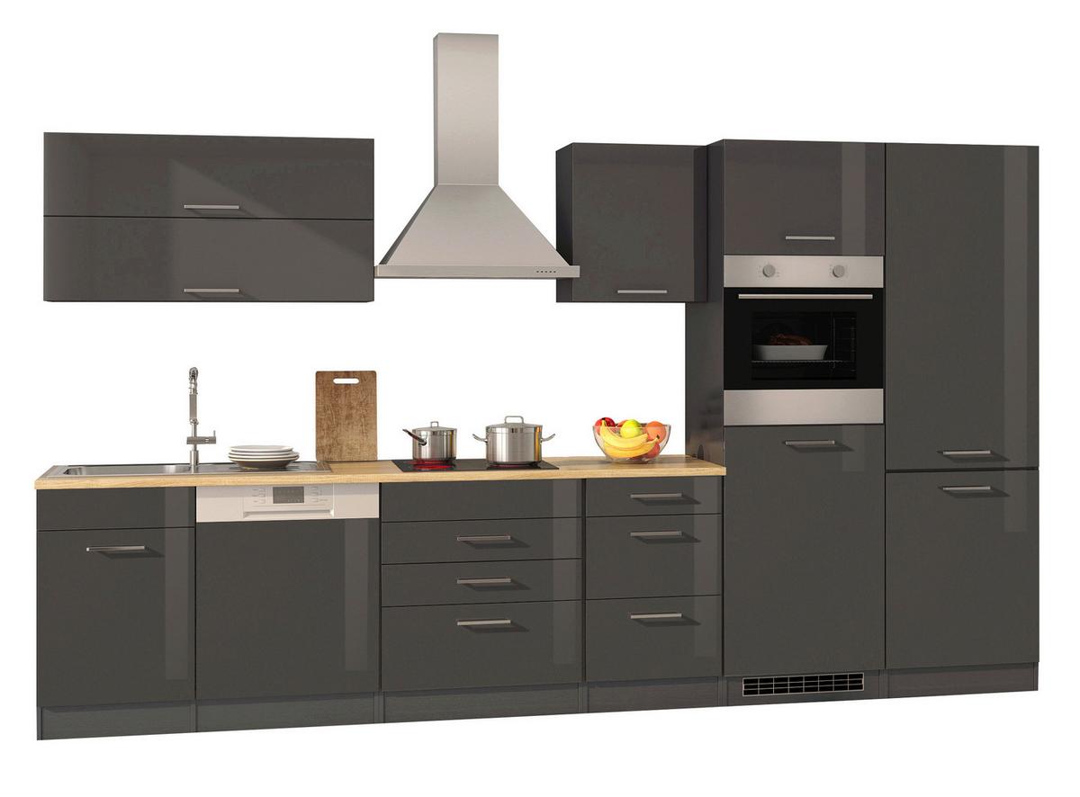 Küchenblock in Anthrazit inkl. E-Geräte 'Mailand' - Chromfarben/Eichefarben, MODERN, Holzwerkstoff/Metall (360cm) - Held