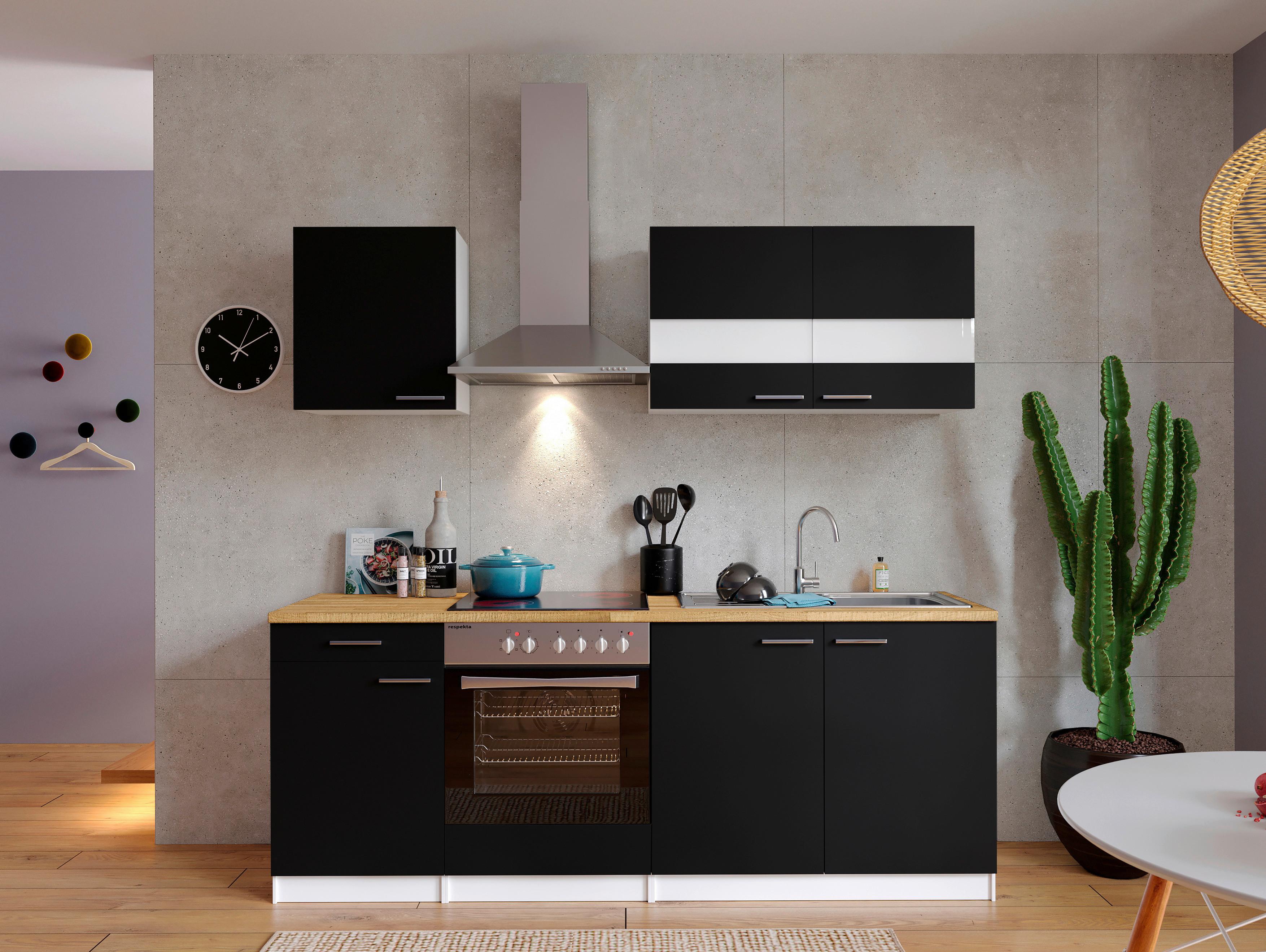 Küchenzeile Economy m. Geräten Schwarz/Nussbaum B: ca. 210 cm - Edelstahlfarben/Nussbaumfarben, Basics, Holzwerkstoff/Metall (210cm) - Respekta