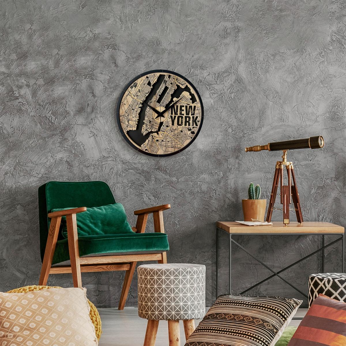 Wanduhr Schwarz/Eichefarben Ø ca. 57cm - Eichefarben/Schwarz, Basics, Holz/Kunststoff (57cm)