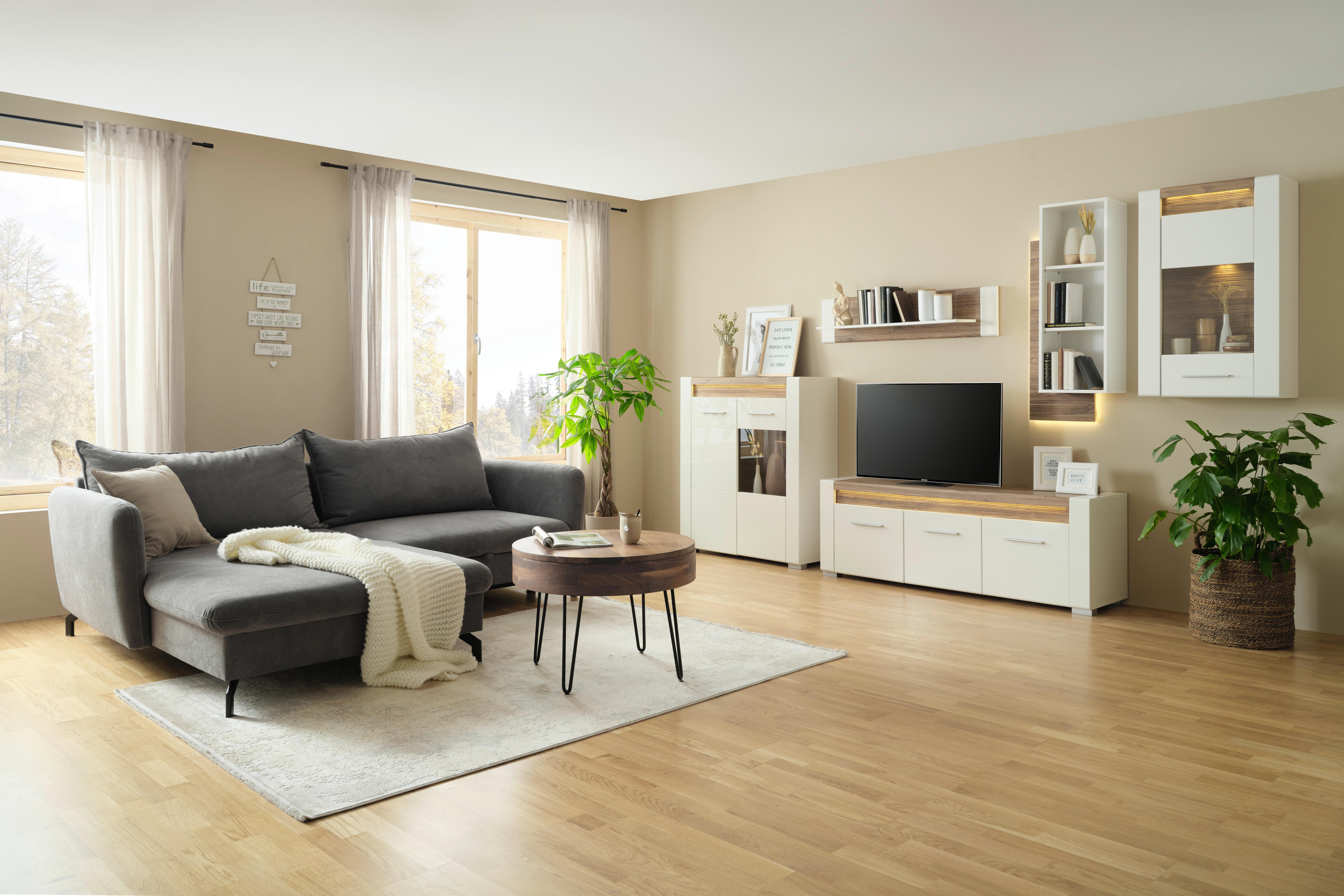 MEDIABÄNK LEONARDO - vit/kromfärg, Modern, metall/trämaterial (160/56/45cm) - Mömax