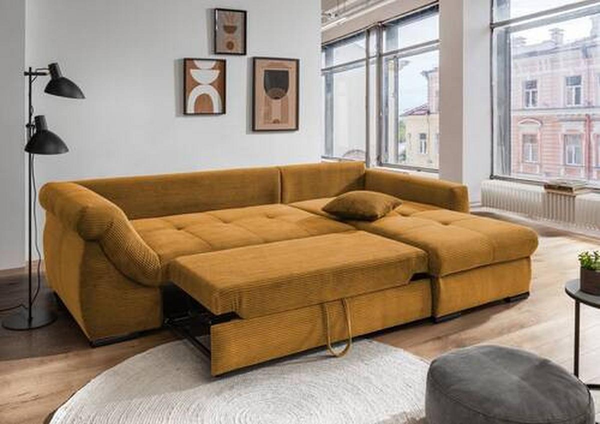 Wohnlandschaft Frederico Goldfarben Cord - Goldfarben/Schwarz, MODERN, Holz/Textil (302/188cm) - MID.YOU