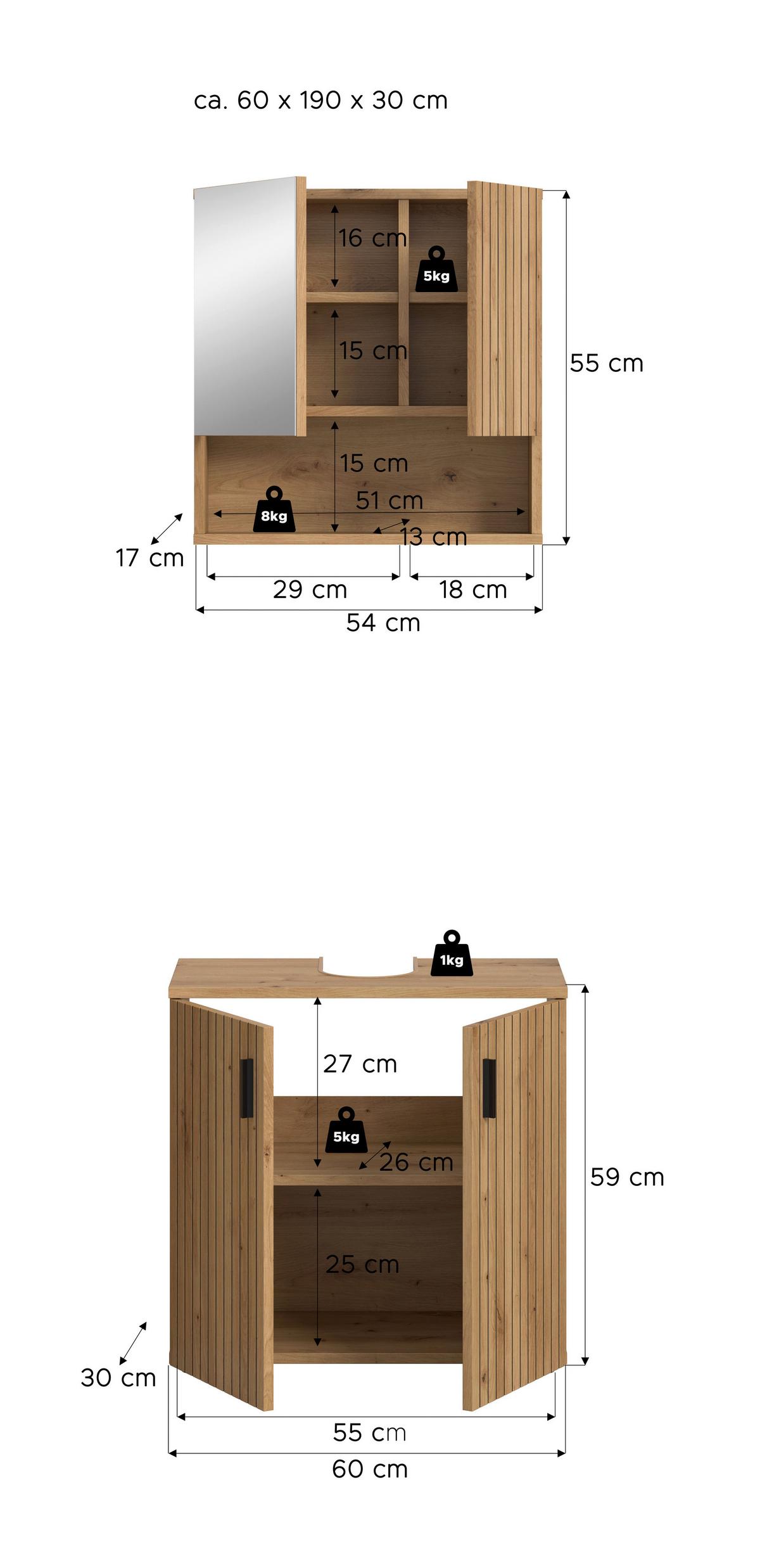Kopalnica Mone, Barva Hrasta, 2-Delna - hrast artisan, Basics, umetna masa/leseni material (60cm) - MID.YOU