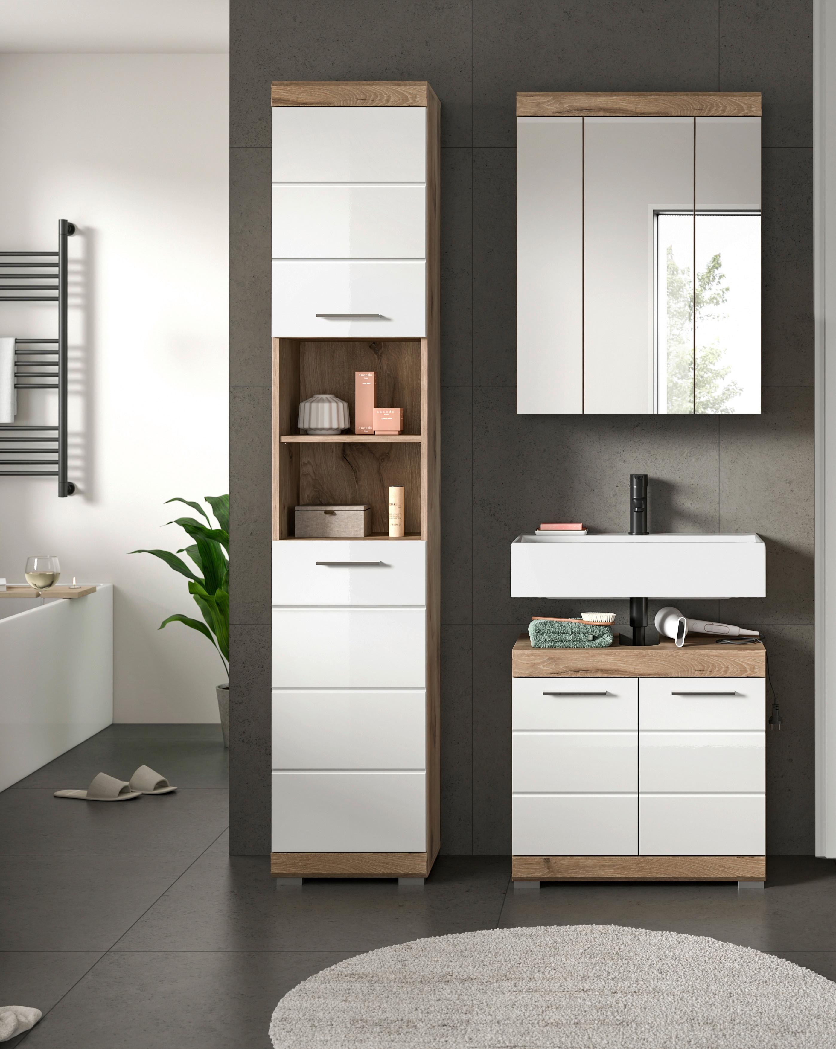 Badezimmer Wave 3-tlg. ca. 97 cm Eiche/Weiß - Chromfarben/Weiß Hochglanz, MODERN, Glas/Holzwerkstoff (97cm) - MID.YOU