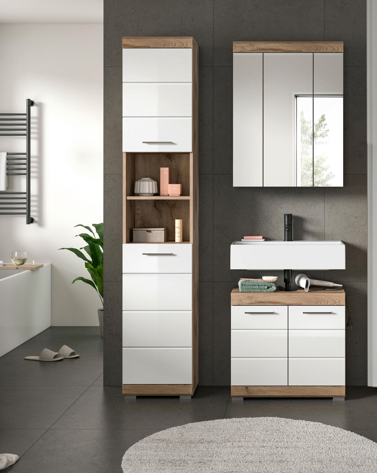 Badezimmer Wave 3-tlg. ca. 97 cm Eiche/Weiß - Chromfarben/Weiß Hochglanz, MODERN, Glas/Holzwerkstoff (97cm) - MID.YOU