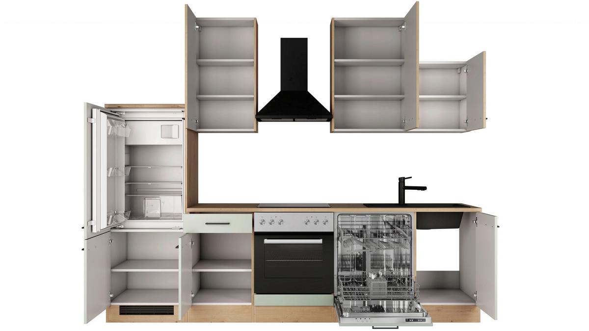 Küchenblock Cara m. Geräten Schilfgrün - Schilfgrün/Schwarz, Trend, Holzwerkstoff/Metall (280cm) - FlexWell