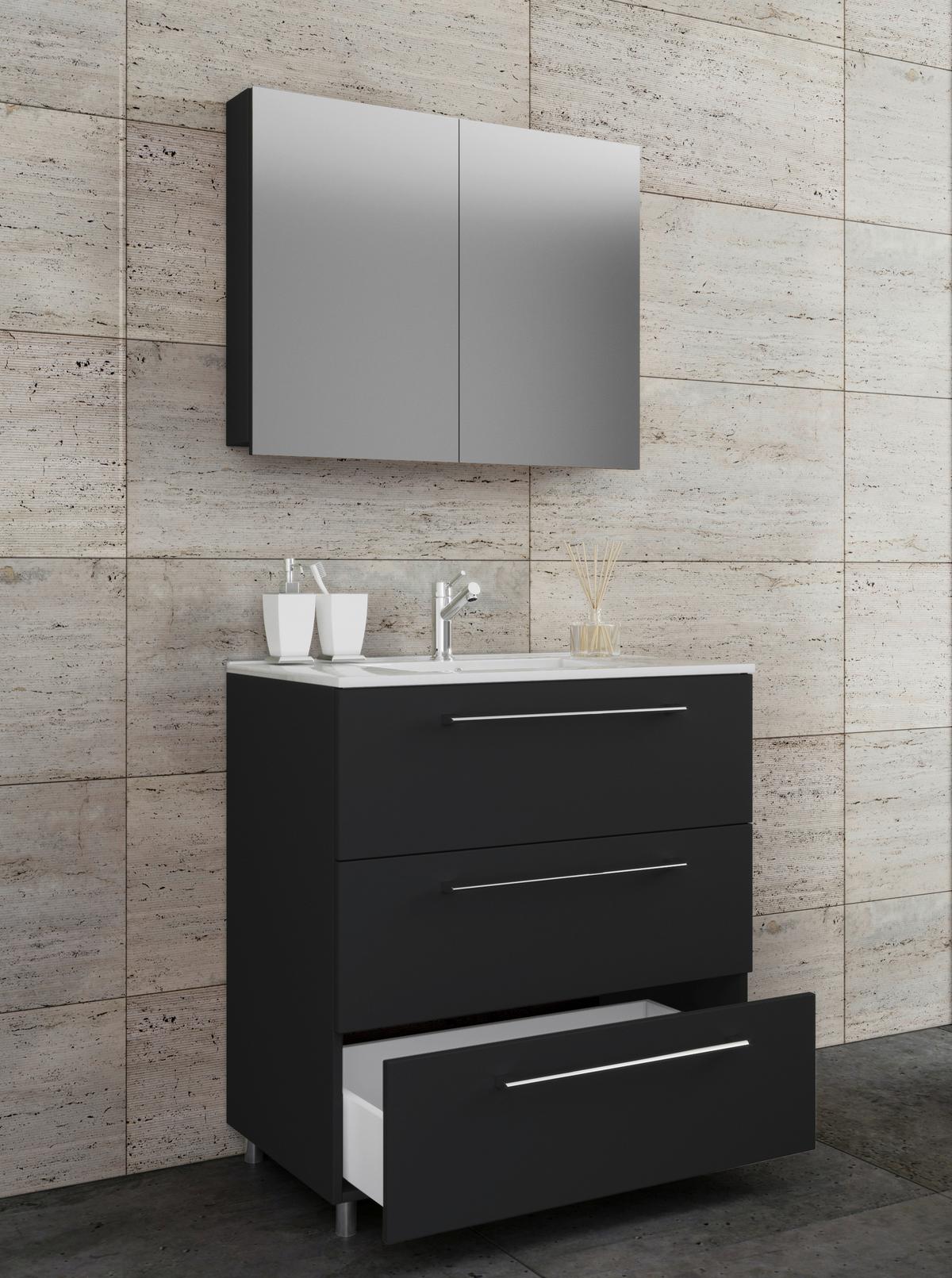 Kopalnica Schubo, Črna - črna/bela, Moderno, kovina/leseni material (80cm) - MID.YOU