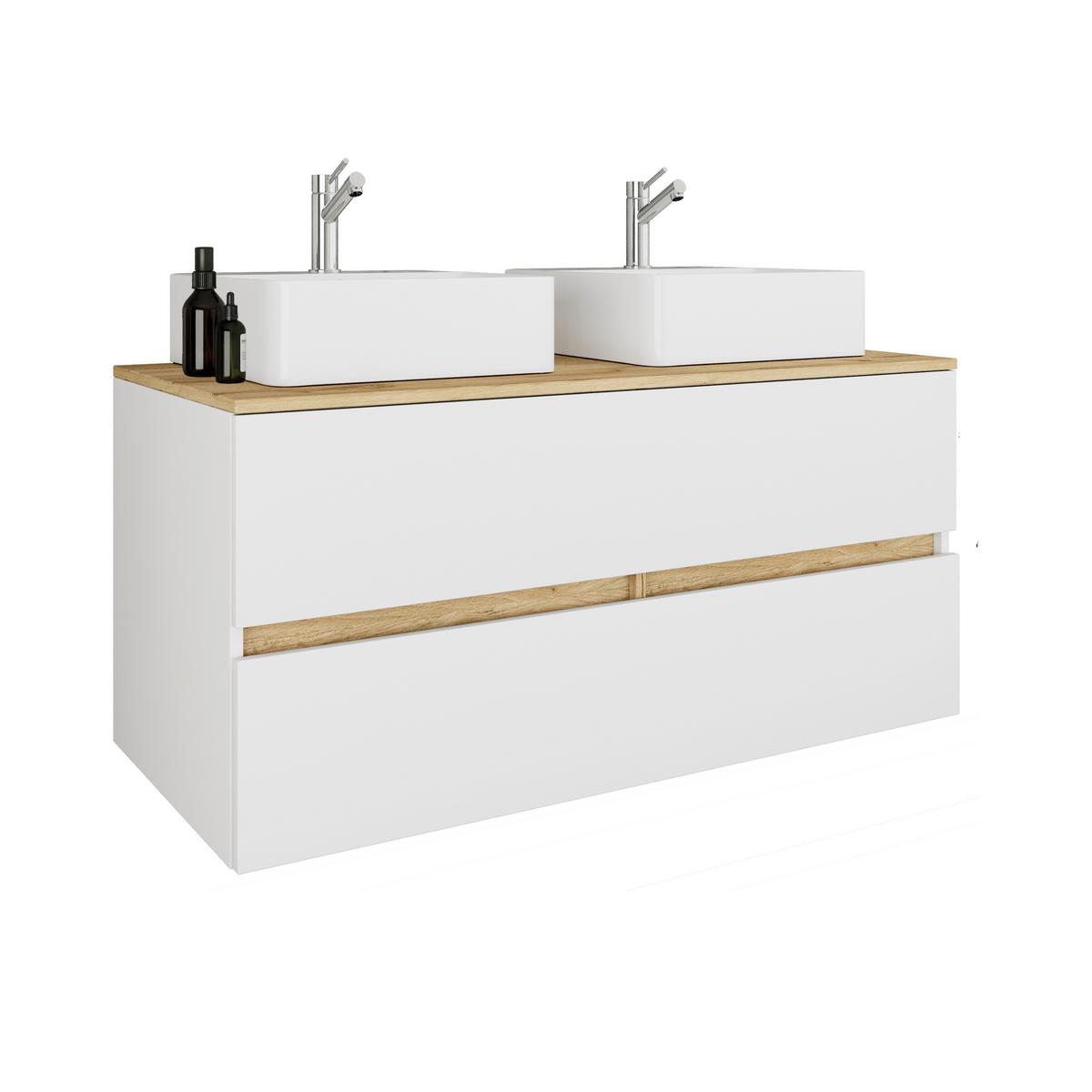 Badezimmer Cosila - Honigeiche/Weiss, Trend, Keramik/Holzwerkstoff (111cm) - MID.YOU