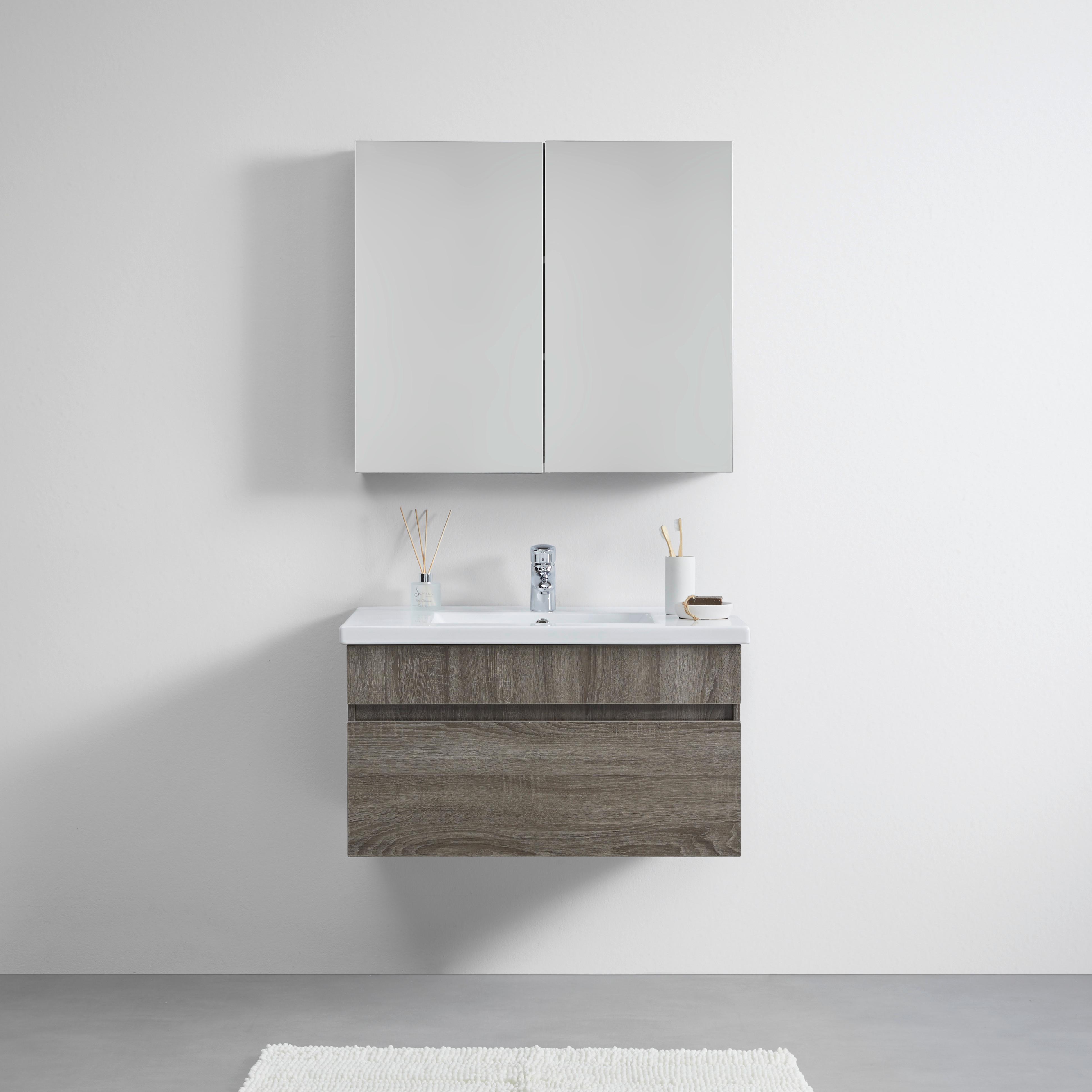 Badezimmer Isla Grau mit Waschbecken und Spiegelschrank - Klar/Naturfarben, MODERN, Glas/Keramik (80/70/47/70/47/13cm) - Bessagi Home