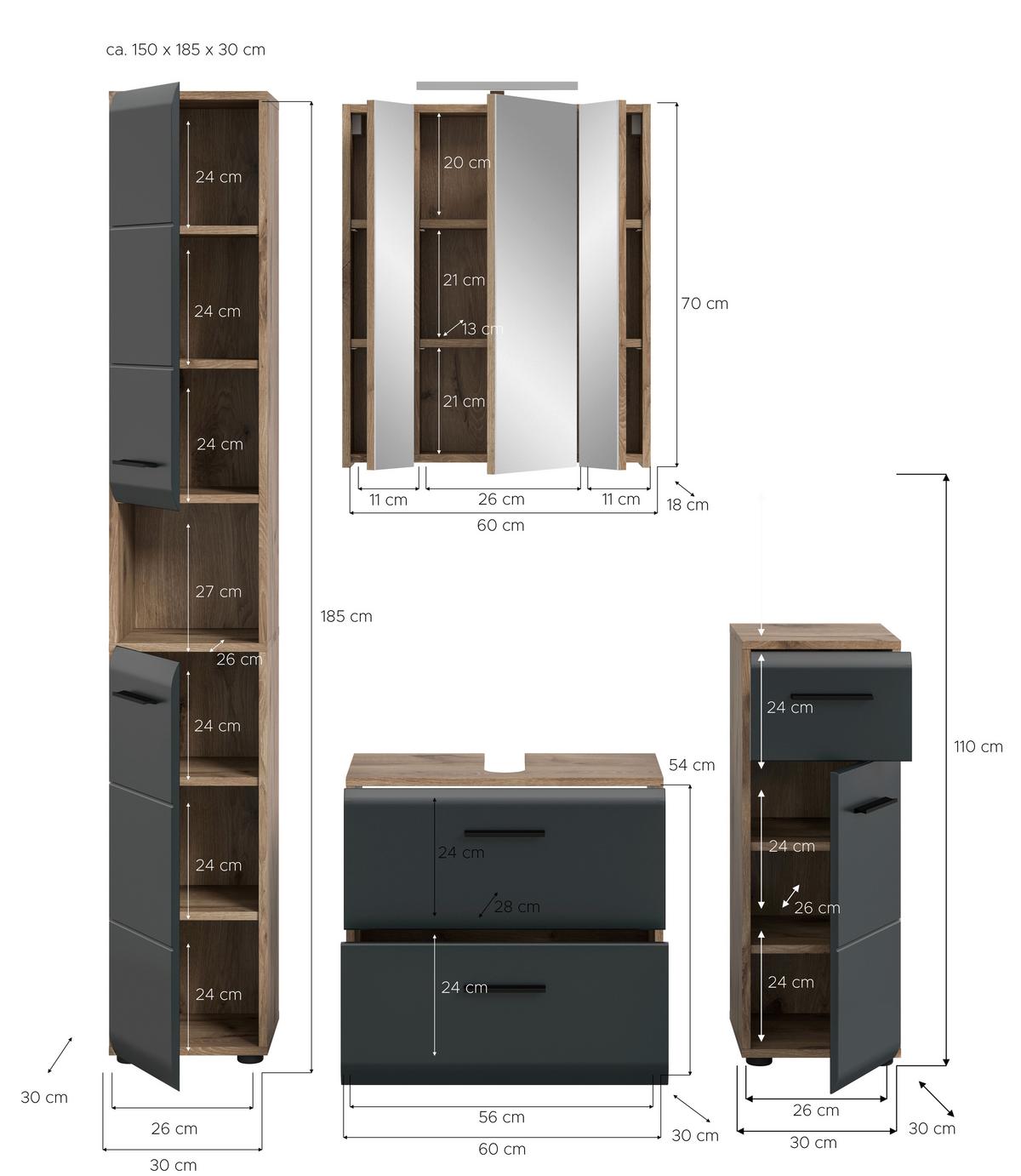Kopalnica Z Umivalnikom Ice, Črna, Barva Hrasta, 4-Delna - črna/temni hrast, Basics, umetna masa/leseni material (120cm) - MID.YOU