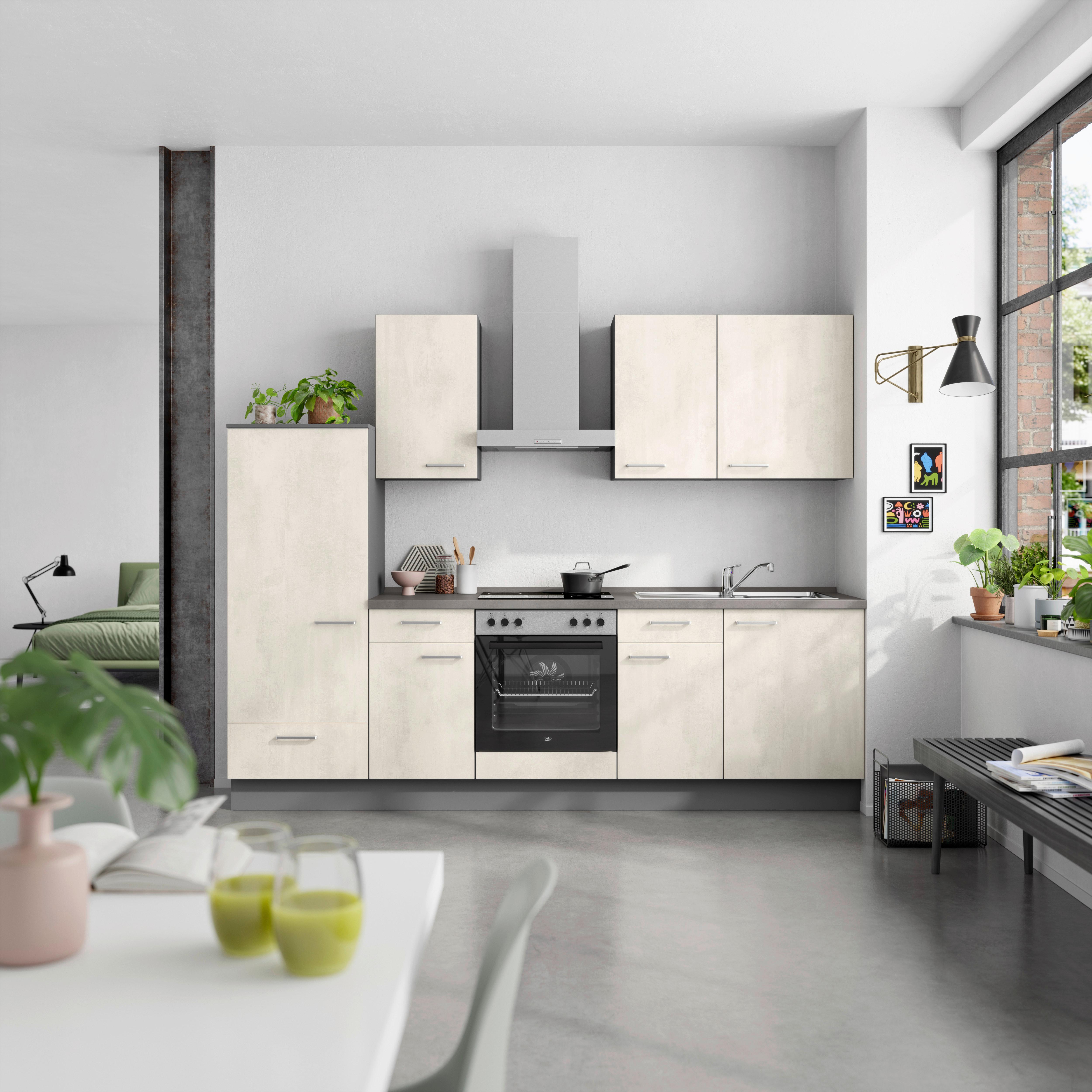 Küchenblock Riva Low m. Geräten Weiß - Schieferfarben/Edelstahlfarben, MODERN, Holzwerkstoff/Metall (270cm) - Nobilia