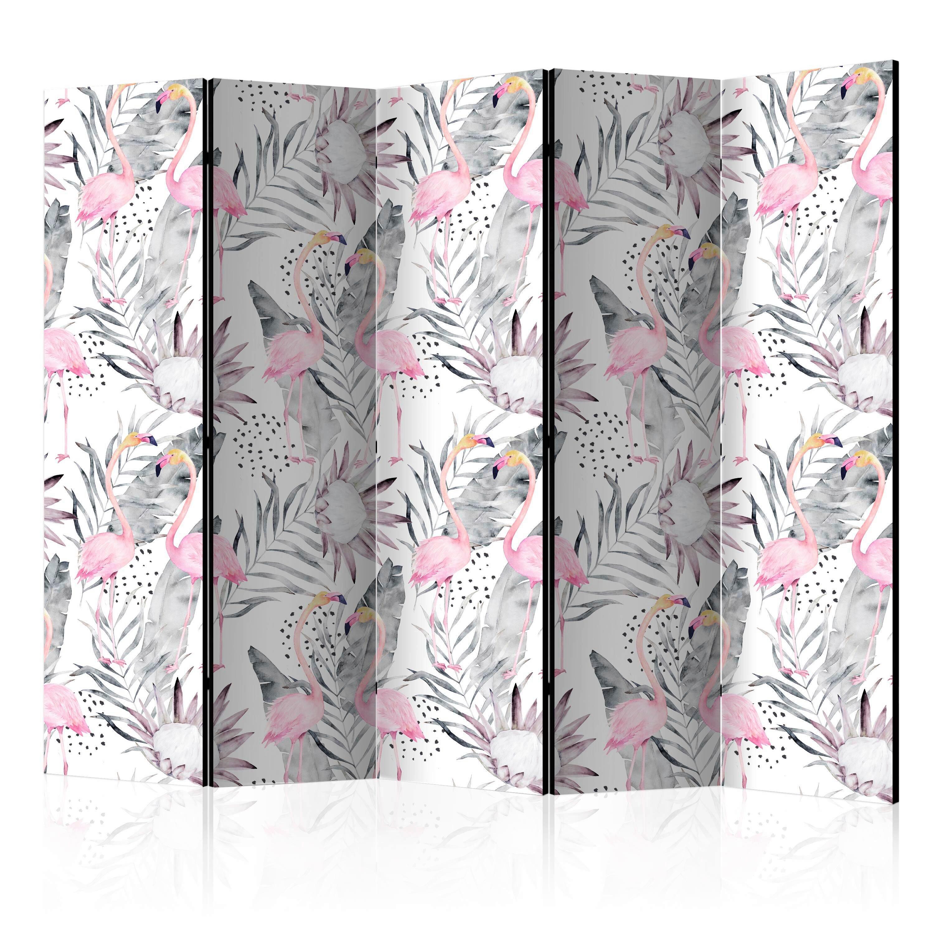 Paravan Flamingos And Twigs I, 5-Delni, Dvostranski - bela/svetlo roza, Basics, tekstil/les (225/172/3cm) - artgeist