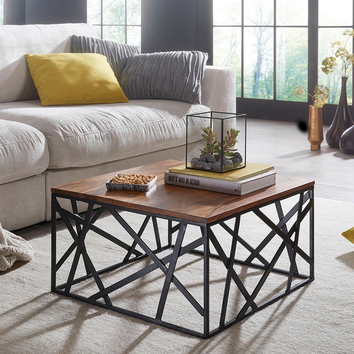 COUCHTISCH ca. 60x60 cm, aus Sheesham - Sheeshamfarben/Schwarz, Design, Holz/Metall (60/60/35cm) - MID.YOU
